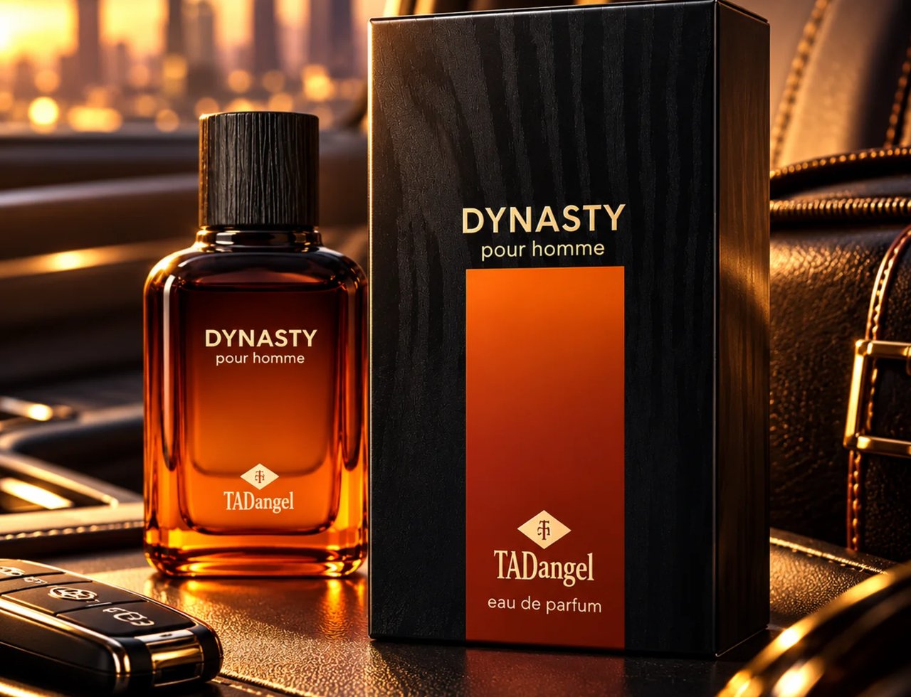 TADangel Dynasty by TADangel 100ml EDP Men — A dark wood-grain textured box and amber glass perfume bottle with black cap, set on a car's leather interior with city skyline at sunset in the background.