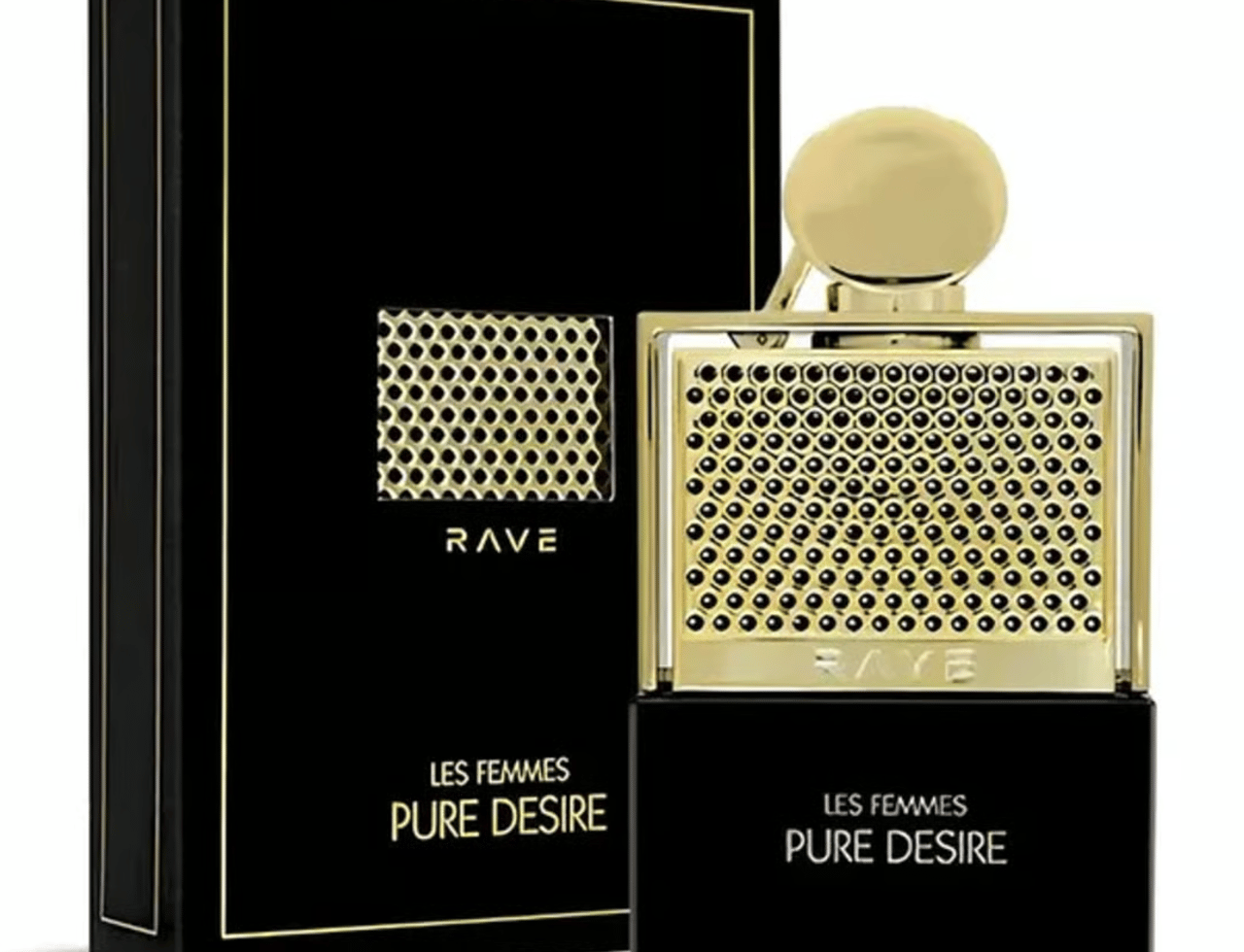 Rave Pure Desire Gold by Rave 100ml EDP — Kotak hitam dan botol minyak wangi beraksen emas dengan panel hadapan bertekstur dan penutup emas, terasing di atas putih.