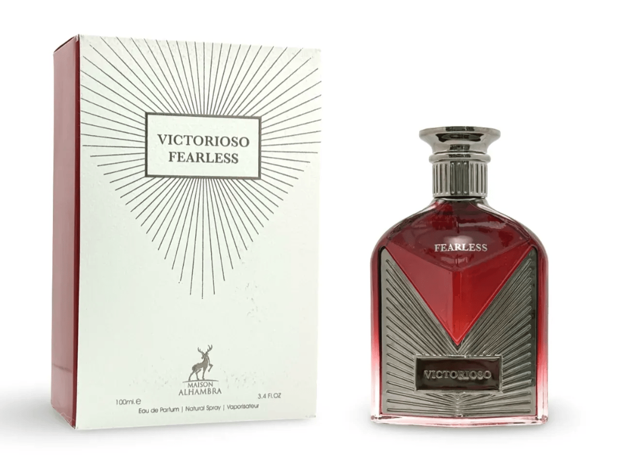 Maison Alhambra Victorioso Fearless 100ml EDP — Botol minyak wangi kaca merah bertutup perak berjalur, bersebelahan kotak putih berona merah dengan logo jenama.