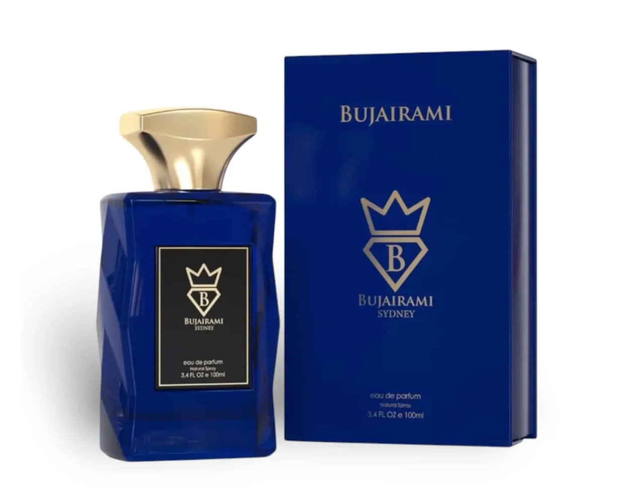 Bujairami Emperor by Bujairami 100ml EDP — Botol minyak wangi kaca biru dengan penutup emas dan lambang emas, bersebelahan kotak persembahan biru sepadan dengan lambang dan teks emas.