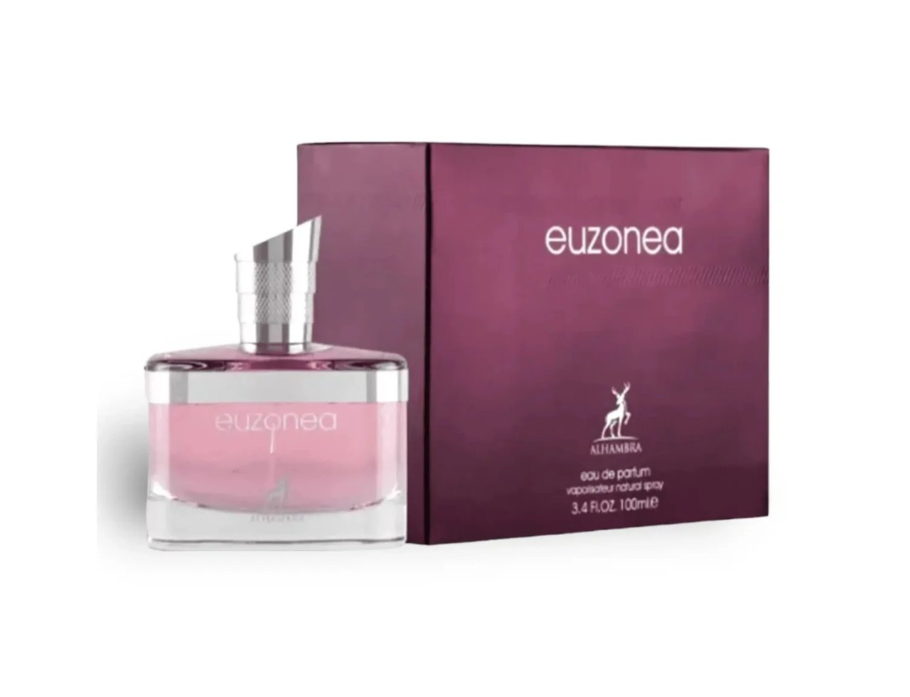 Maison Alhambra Euzonea by Maison Alhambra 100ml EDP untuk Wanita — Botol minyak wangi merah jambu bertutup perak di sebelah kotak berwarna plum berlogo rusa emas