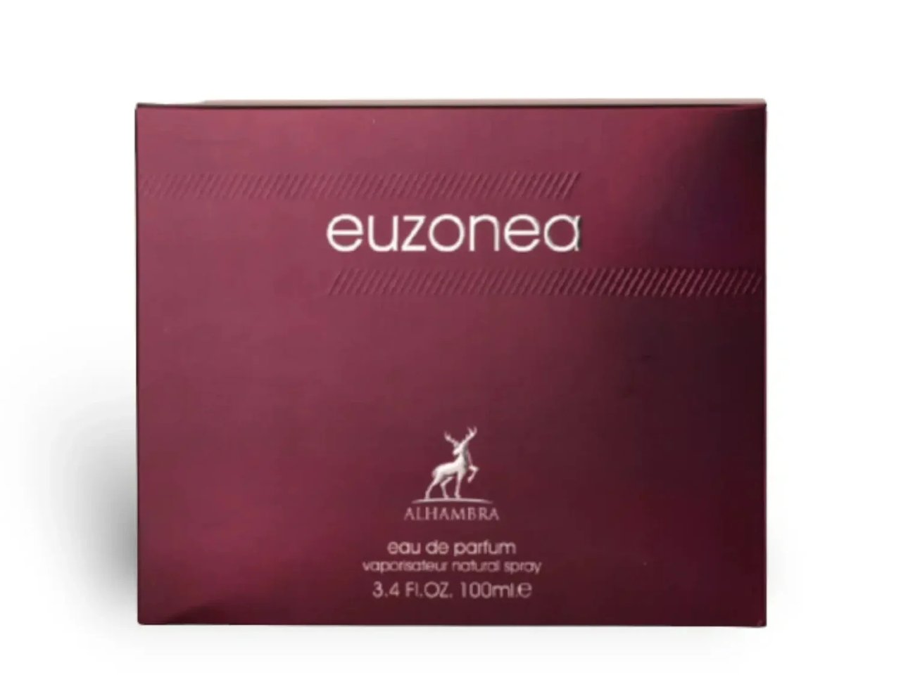 Maison Alhambra Euzonea by Maison Alhambra 100ml EDP for Women — A maroon box with embossed lines and the brand name 'euzonea' in white, featuring a deer silhouette and text details.