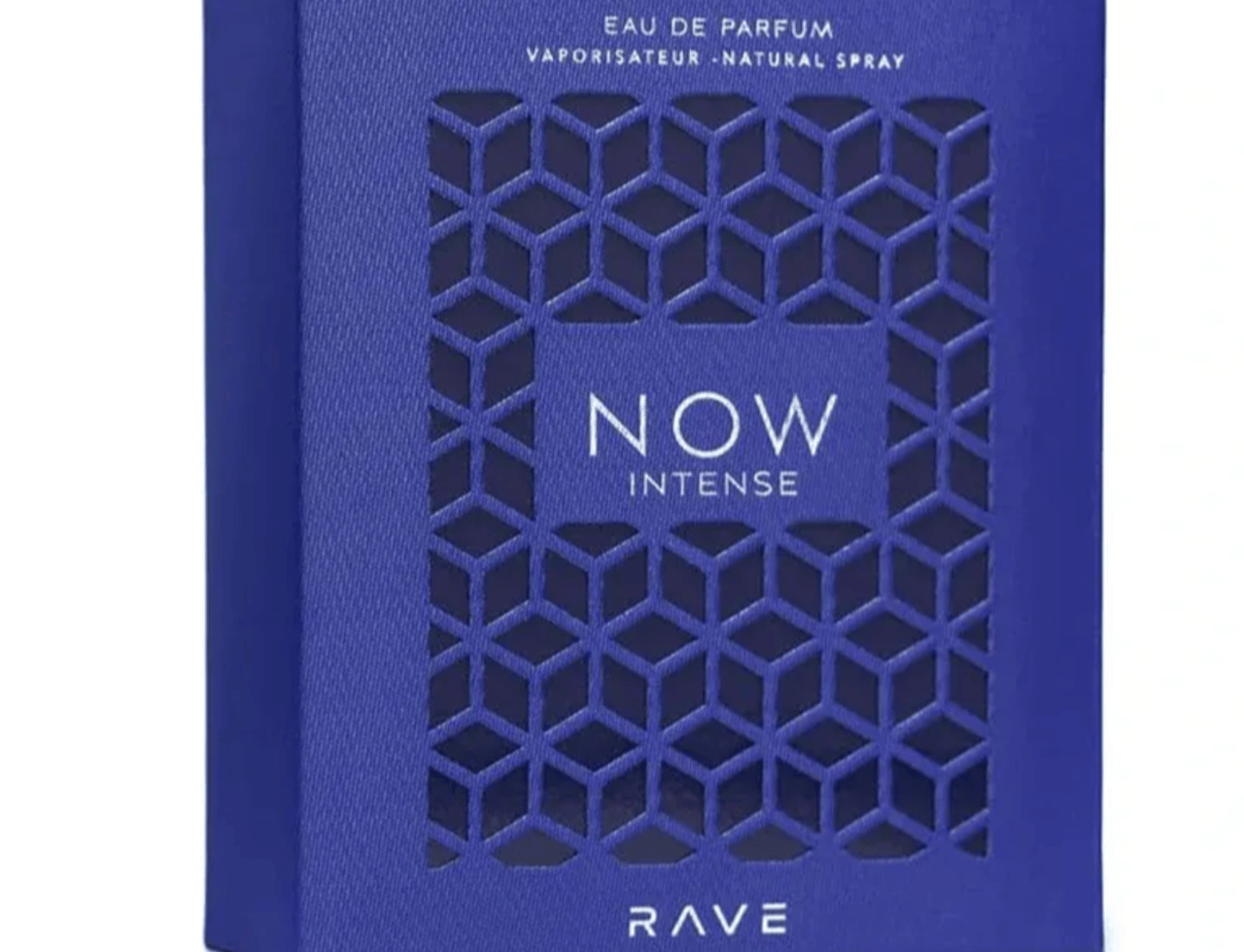 Rave Now Intense by Rave 100ml EDP — Blue textured box with a geometric cut-out pattern revealing the word 'NOW' and 'INTENSE' in white text.