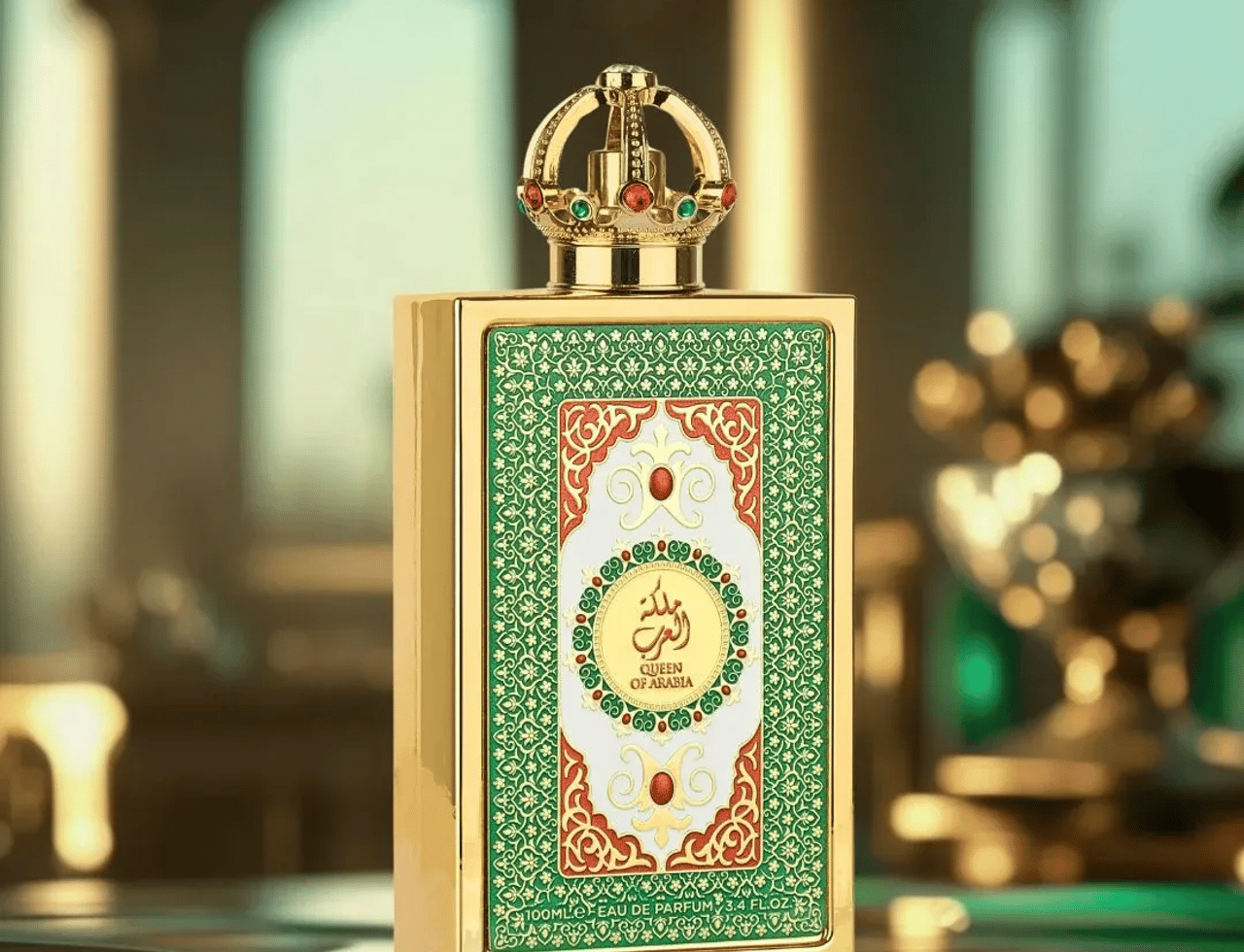 Lattafa Pride Queen Of Arabia by Lattafa Pride 100ml EDP — Gold rectangular bottle with a crown-shaped cap adorned with colorful gems, featuring an ornate green and gold label with Arabic script and the text 'QUEEN OF ARABIA'.