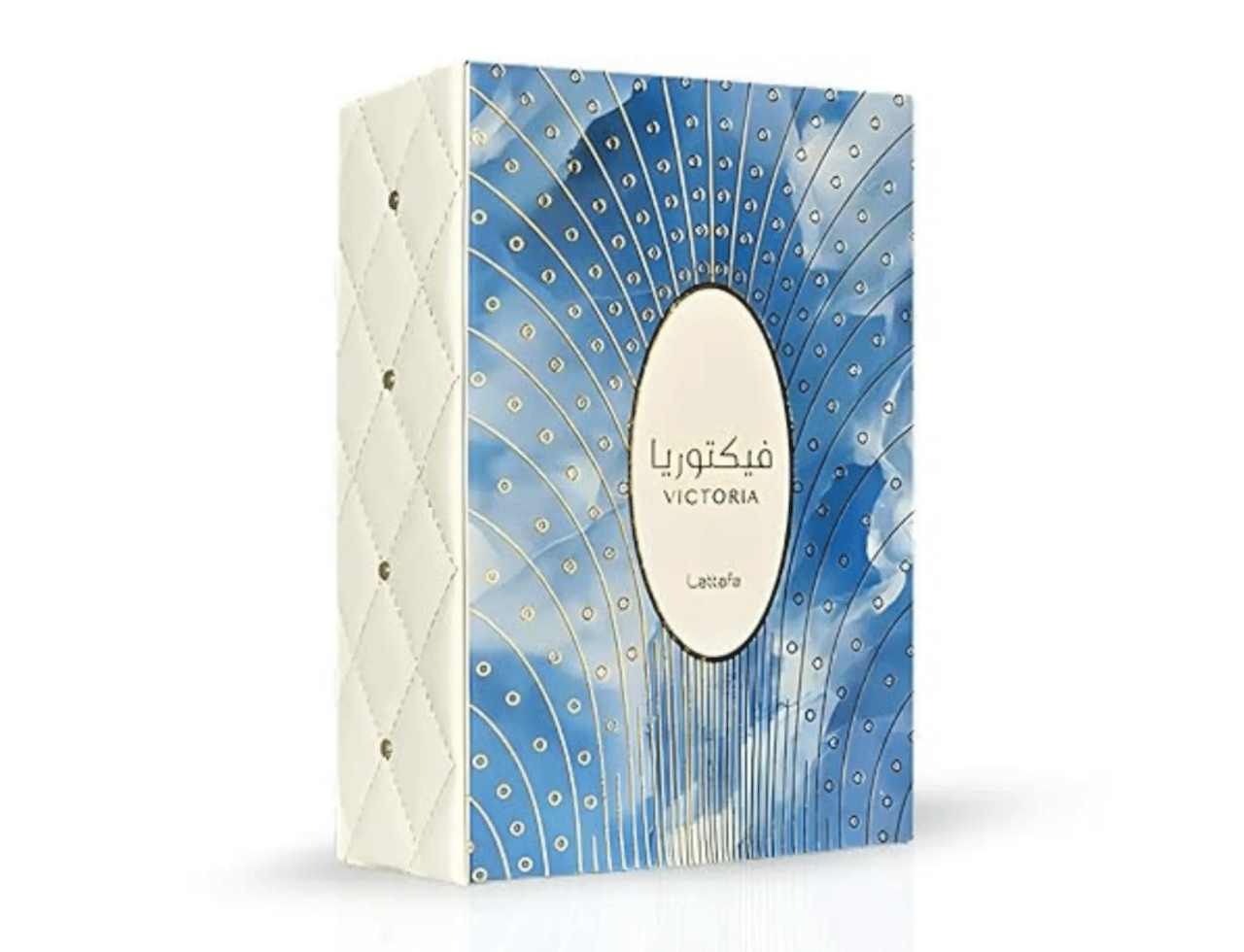 Lattafa Victoria by Lattafa 100ml EDP — Quilted white side panel with gold accents and a blue, sunburst-patterned front panel with an oval label.