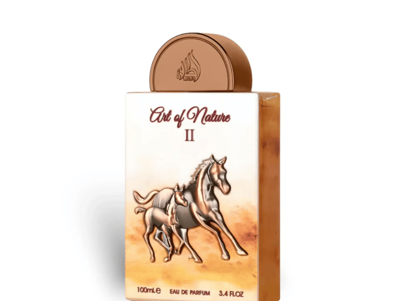 Lattafa Pride Art of Nature II Horse by Lattafa Pride 100ml EDP — White perfume bottle with a brown cap, featuring a metallic horse relief and Arabic calligraphy.