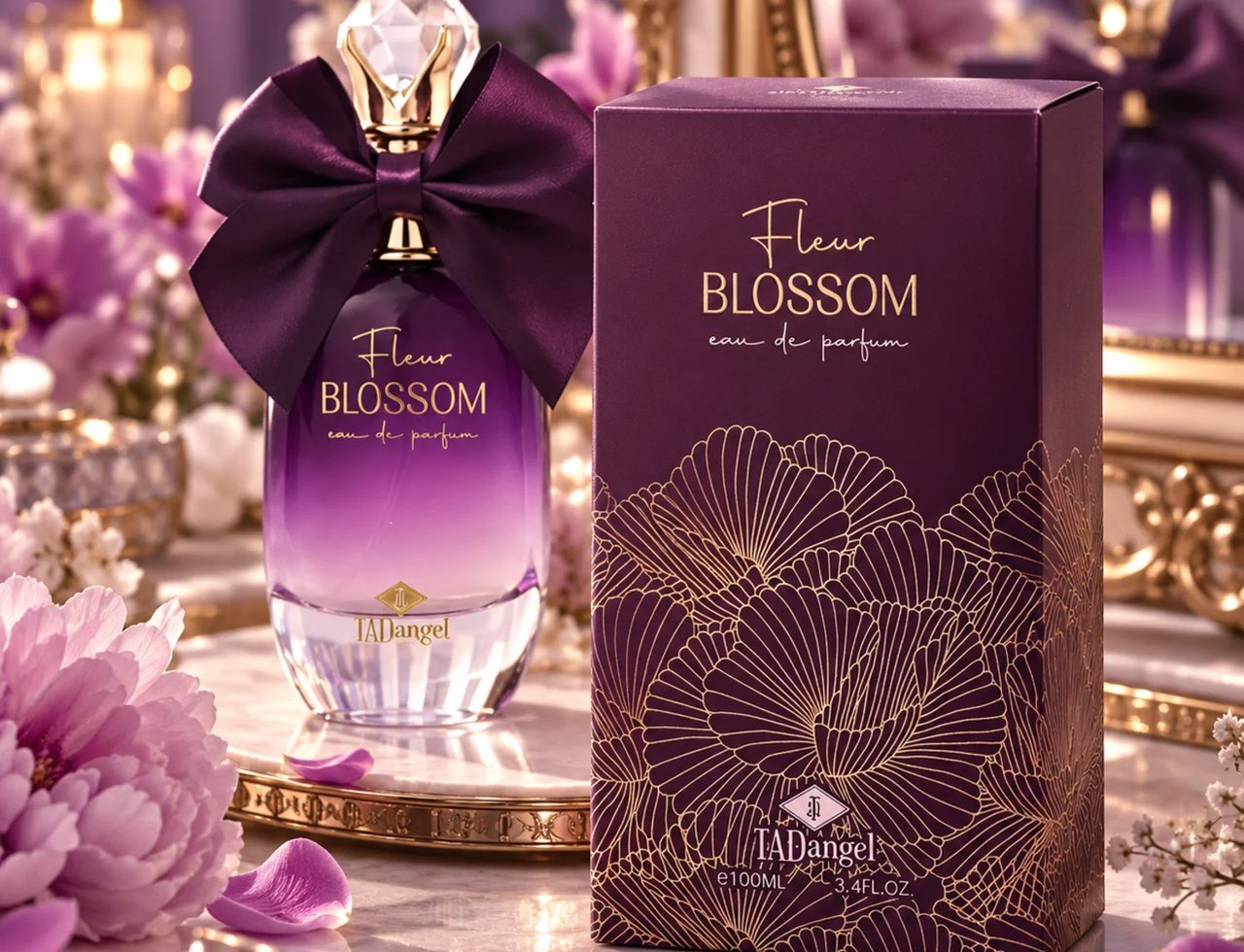 TADangel Fleur Blossom by TADAngel 100ml EDP Wanita — Botol minyak wangi gradien ungu dengan reben satin besar dan penutup kristal, bersebelahan kotak ungu sepadan dengan rekaan bunga emas, dikelilingi bunga merah jambu dan kelopak di atas permukaan marmar.