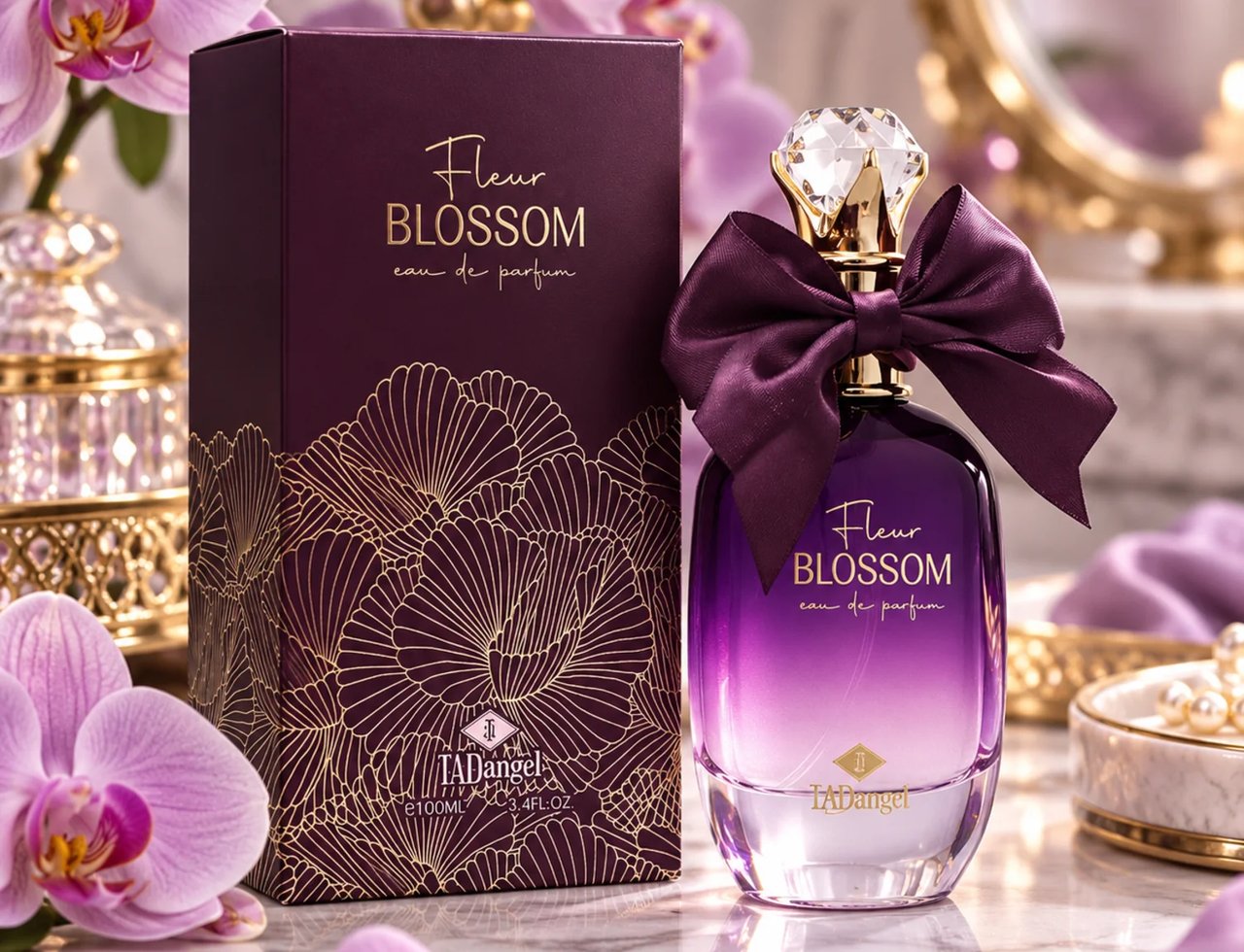 TADangel Fleur Blossom — Purple gradient perfume bottle with a satin bow, presented with its matching box adorned with gold floral patterns, surrounded by pink orchids on a marble surface.