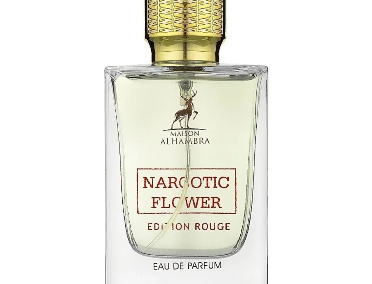 Maison Alhambra Flower Addiction Edition Rouge 100ml — Botol kaca jernih berisi cecair kekuningan, berpenutup emas bertekstur, dengan label merah bertulis 'Narcotic Flower Edition Rouge' dan logo rusa di tengah.