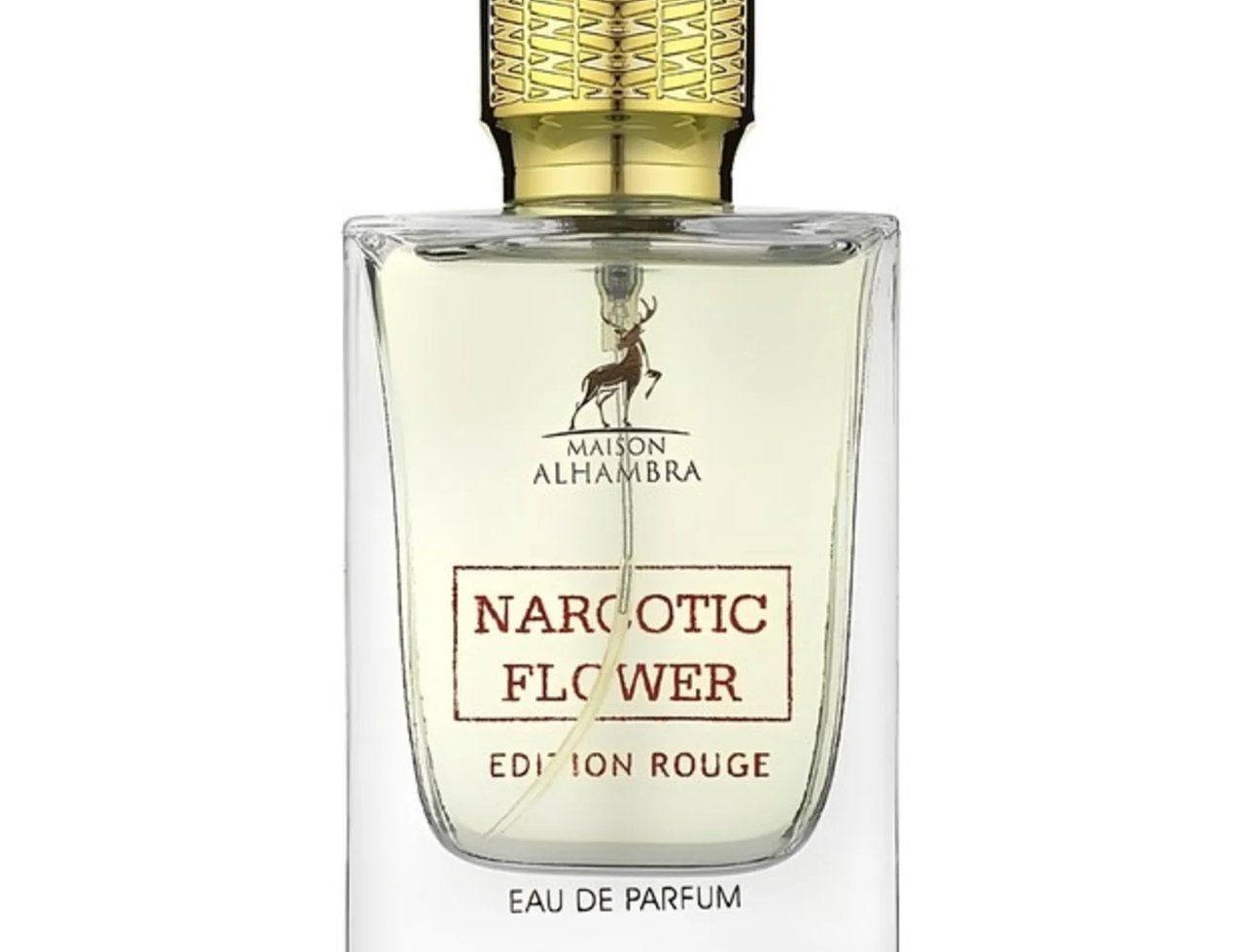Maison Alhambra Flower Addiction Edition Rouge 100ml by Maison Alhambra — Clear glass perfume bottle with a gold patterned cap, featuring a deer logo and text "Narcotic Flower Edition Rouge Eau de Parfum" on the label. | Maison Alhambra Flower Addiction Edition Rouge 100ml by Maison Alhambra — Botol minyak wangi kaca