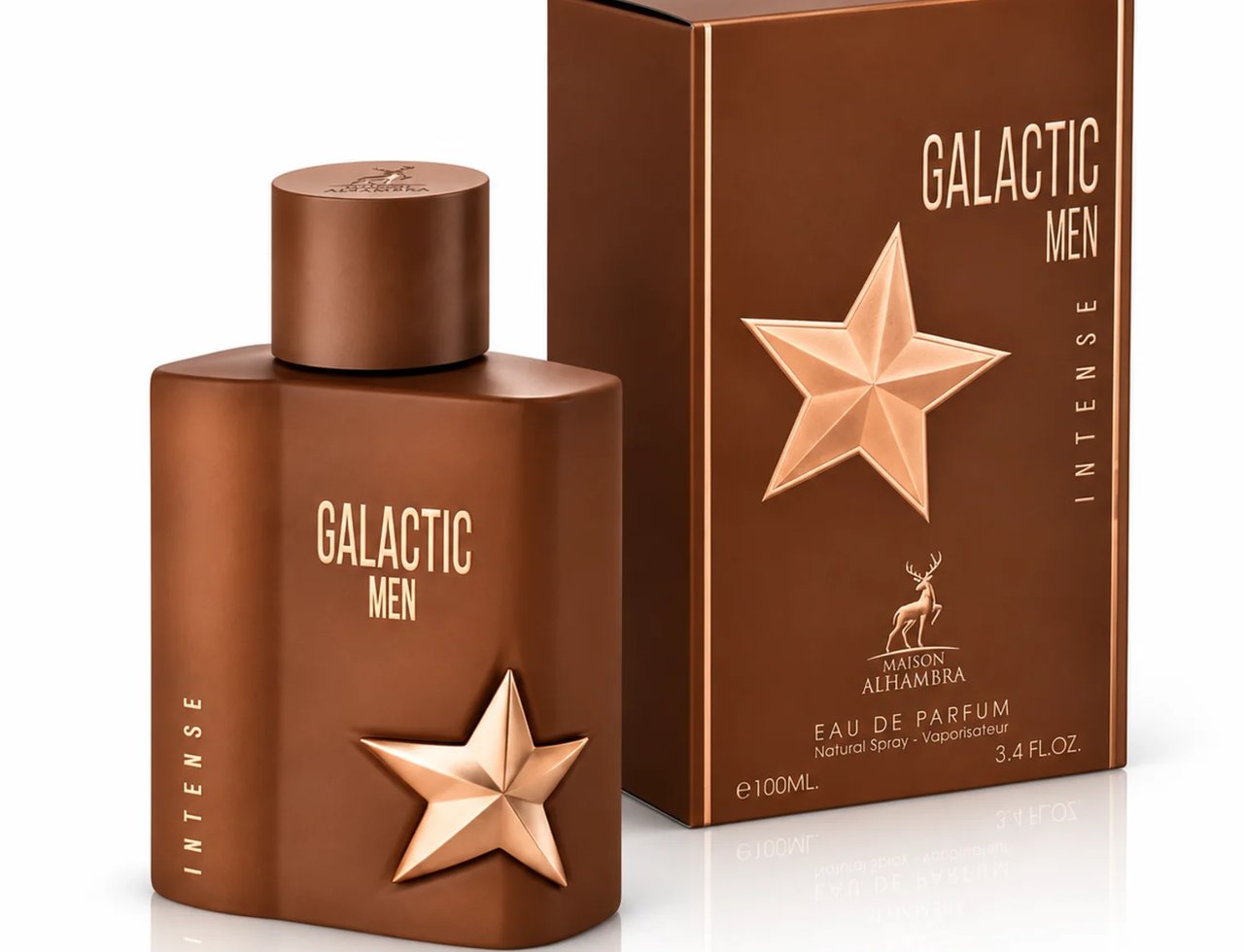 Maison Alhambra Galactic Men Intense — Botol minyak wangi coklat dan kotak sepadan dengan perincian bintang emas, berlatar belakang putih.
