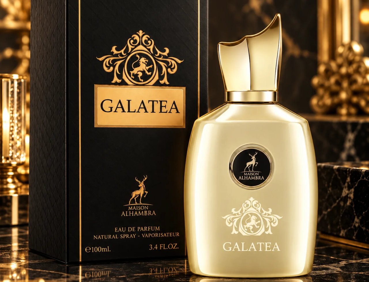 Maison Alhambra Galatea 100ml EDP Unisex — Botol emas dan kotak hitam berlampiran emas, ada lambang singa dan rusa, atas permukaan marmar dengan latar belakang emas kabur.