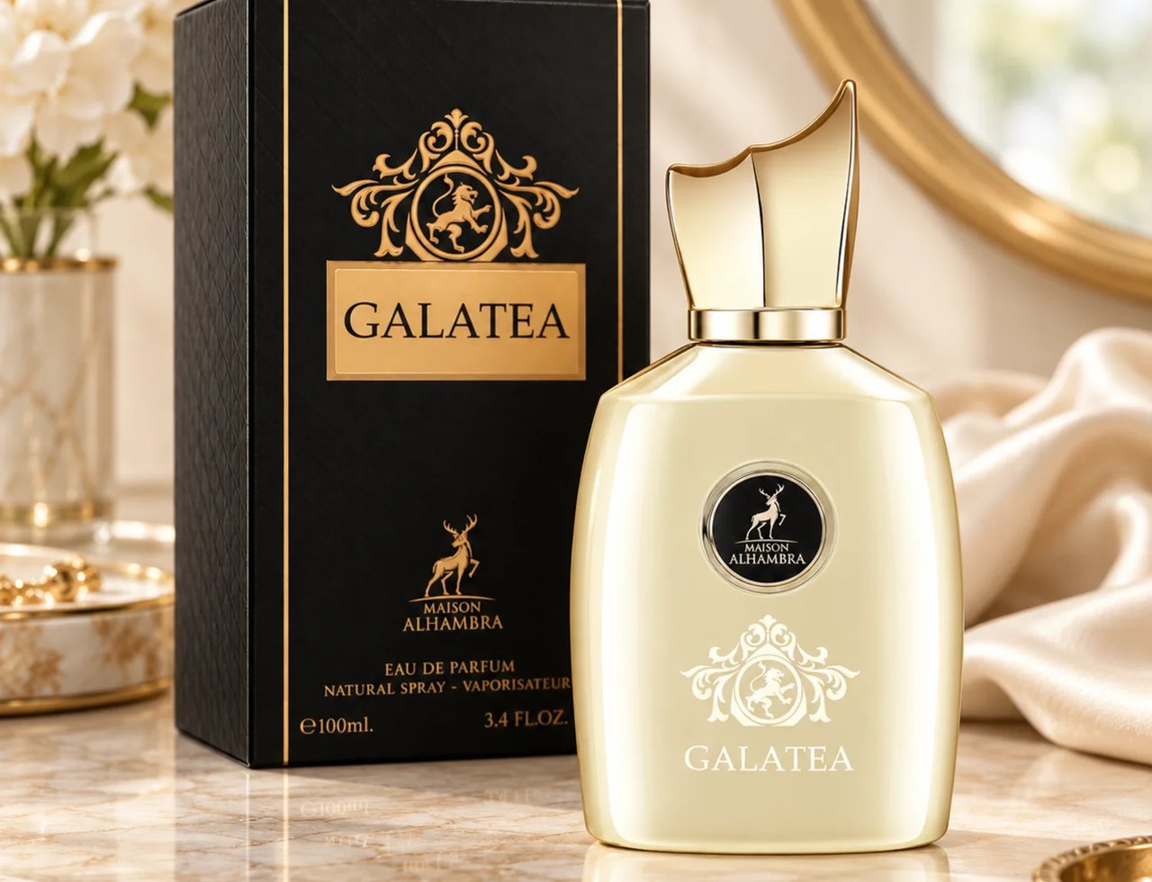 Maison Alhambra Galatea by Maison Alhambra 100ml EDP Unisex — Black box with gold accents and deer logo next to a pale gold perfume bottle with a gold cap, on a marble surface with silk fabric and flowers in the background.