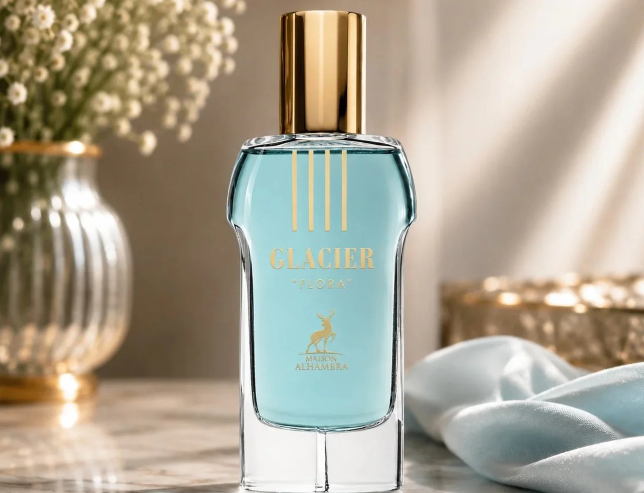 Maison Alhambra Glacier Flora 100ml by Maison Alhambra — A clear glass perfume bottle with light blue liquid and a gold cap, featuring gold text and a deer logo, sits on a marble surface next to a vase of white flowers and draped blue fabric. | Maison Alhambra Glacier Flora 100ml by Maison Alhambra — Botol kaca jernih