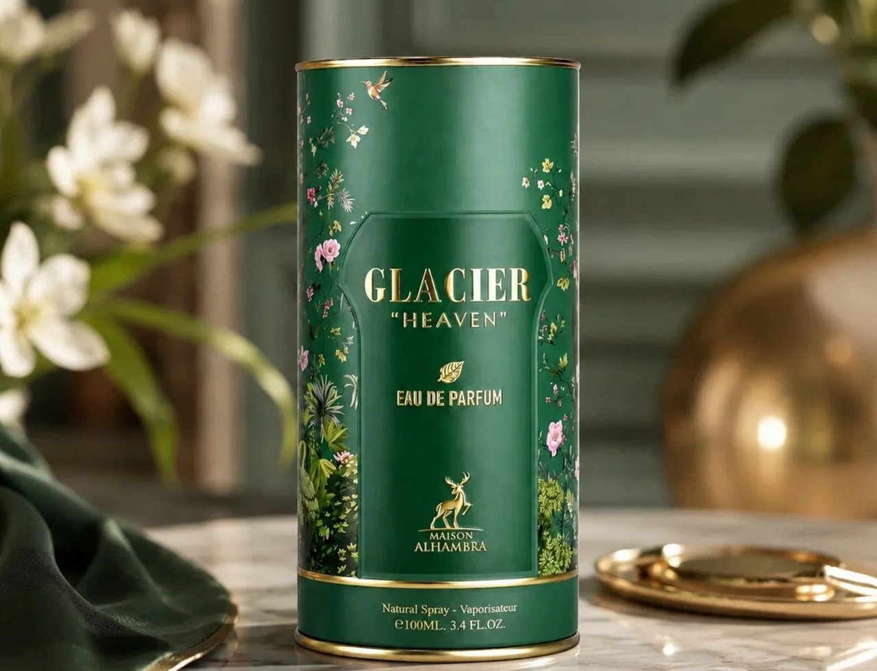 Maison Alhambra Glacier Heaven 100ml — A tall, dark green cylindrical perfume bottle with gold trim and floral and bird illustrations, placed on a marble surface with a green silk cloth and a gold tray. | Maison Alhambra Glacier Heaven 100ml — Botol minyak wangi silinder hijau gelap tinggi dengan trim emas dan