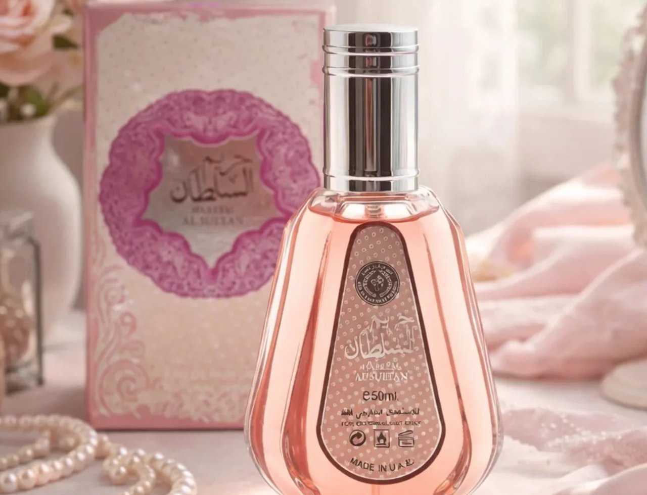 Ard Al Zaafaran Hareem Al Sultan EDP 50ml — A pink perfume bottle with a silver cap sits on a surface with draped pink fabric, pearls, and a matching pink and white patterned box in the background. | Ard Al Zaafaran Hareem Al Sultan EDP 50ml — Sebotol minyak wangi berwarna merah jambu dengan penutup perak diletakkan
