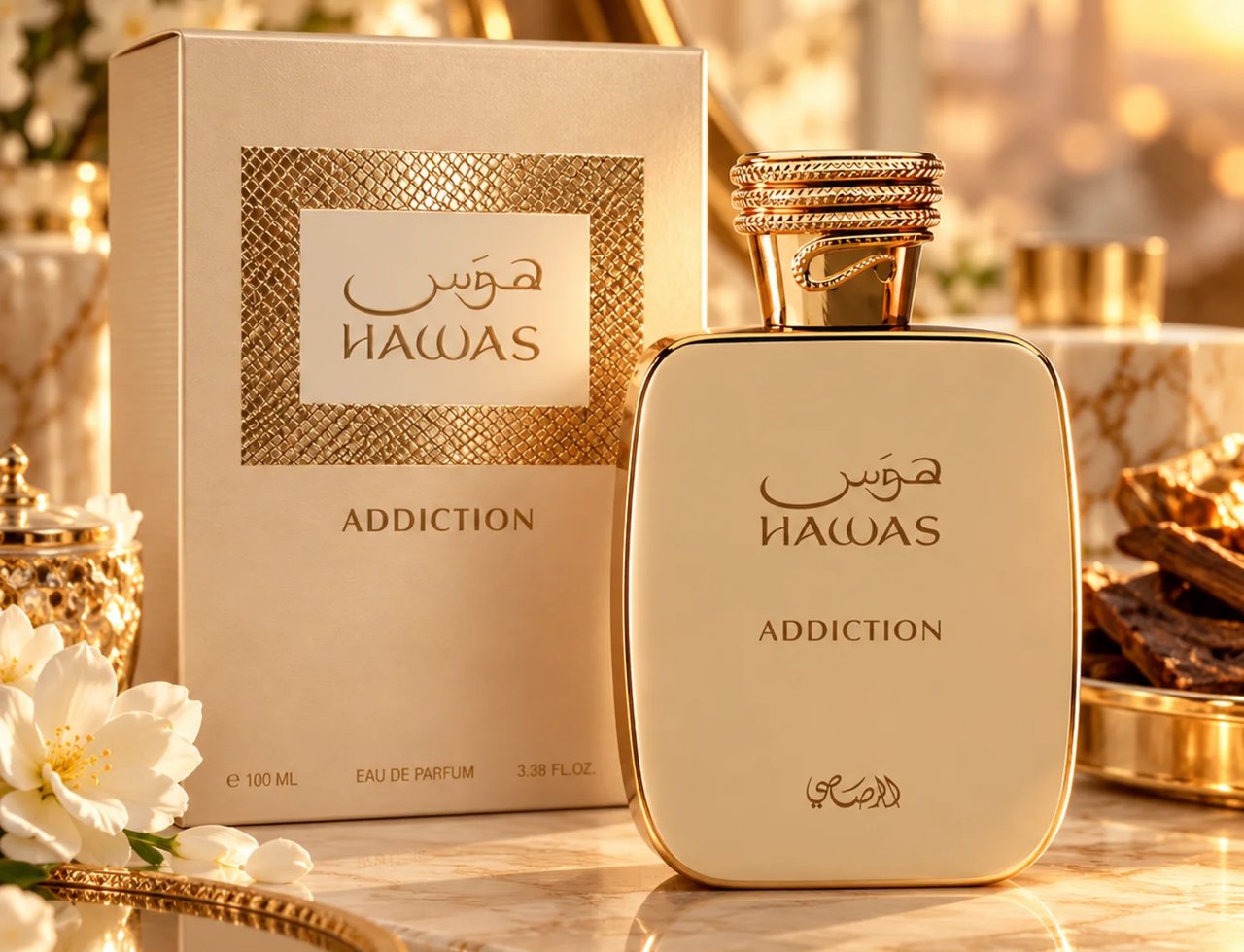 RASASI Hawas Addiction by Rasasi 100ml EDP — Botol dan kotak minyak wangi emas dengan teks Arab dan Inggeris, diletakkan di atas permukaan marmar bersama bunga putih dan perincian emas.