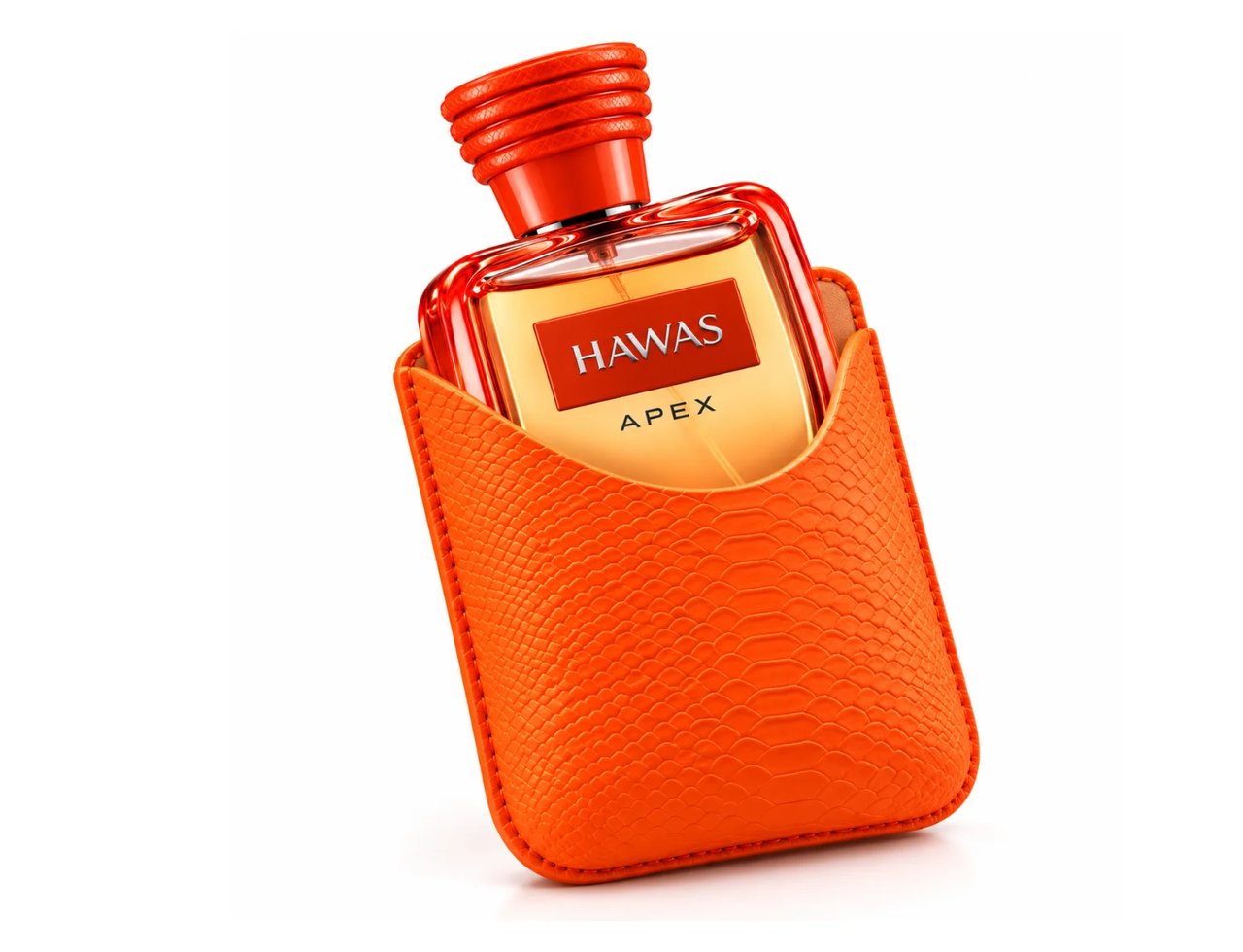 Kenz de Rasasi Hawas Apex — Botol minyak wangi kaca amber dengan sarung dan penutup bertekstur oren, pandangan condong di latar putih