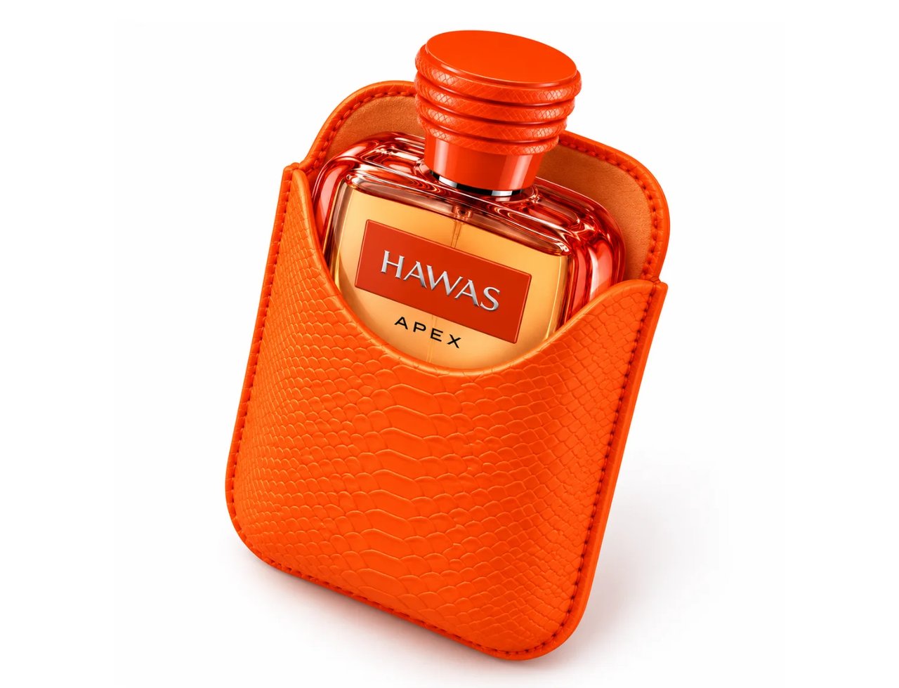 Kenz de Rasasi Hawas Apex — Orange textured leather pouch holding a glass perfume bottle with an orange cap and a label reading 'HAWAS APEX'
