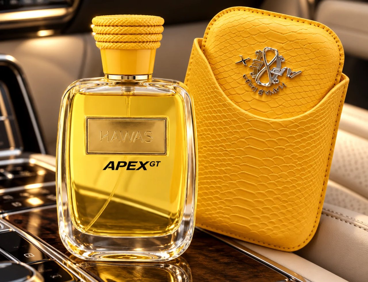 Kenz de Rasasi Hawas Apex GT — Peti bertekstur kuning dengan lambang perak di sebelah botol minyak wangi kaca jernih bertutup emas dan label, di atas permukaan marmar.