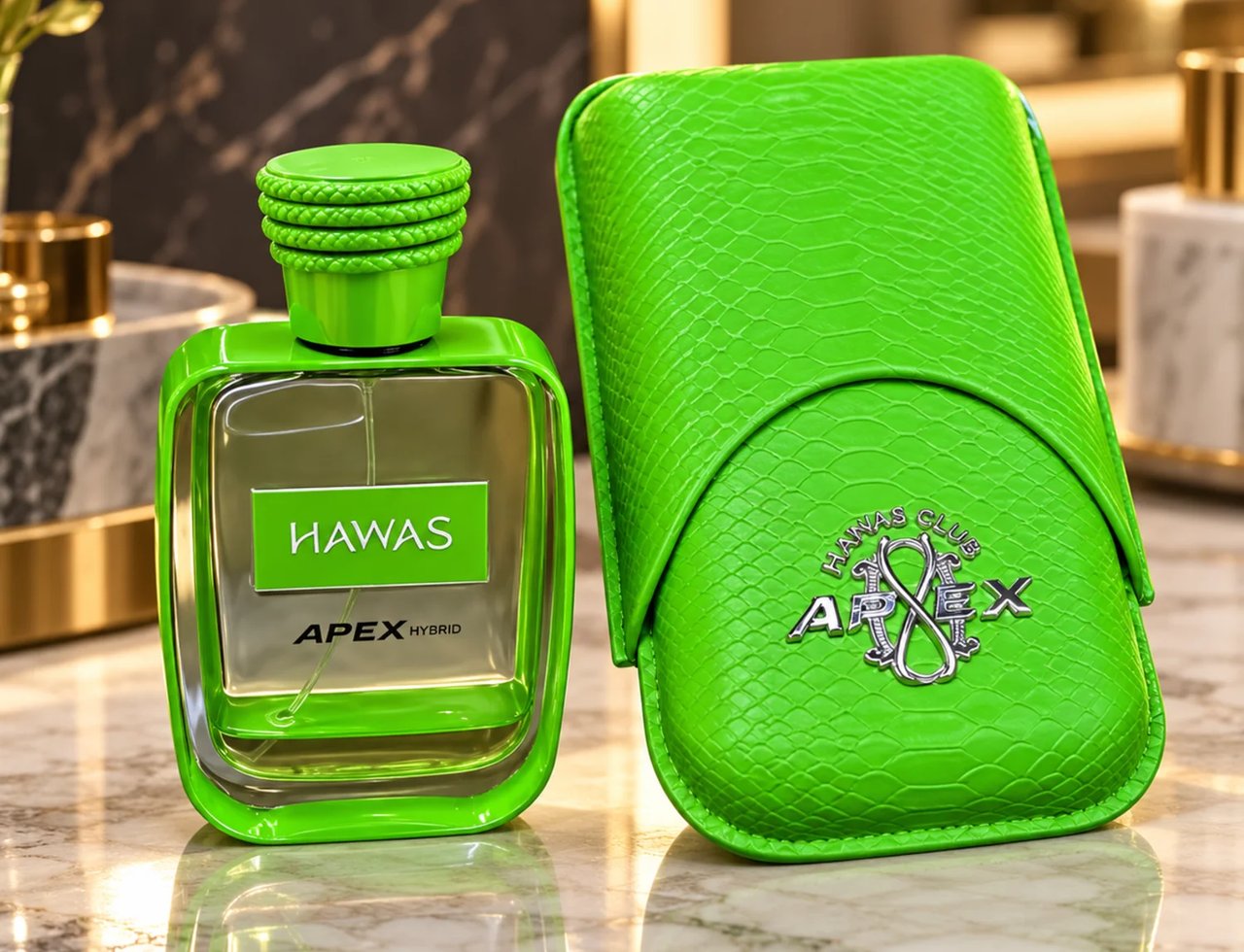 Kenz de Rasasi Hawas Apex Hybrid — Bright green perfume bottle and matching textured case with silver logo on a marble surface