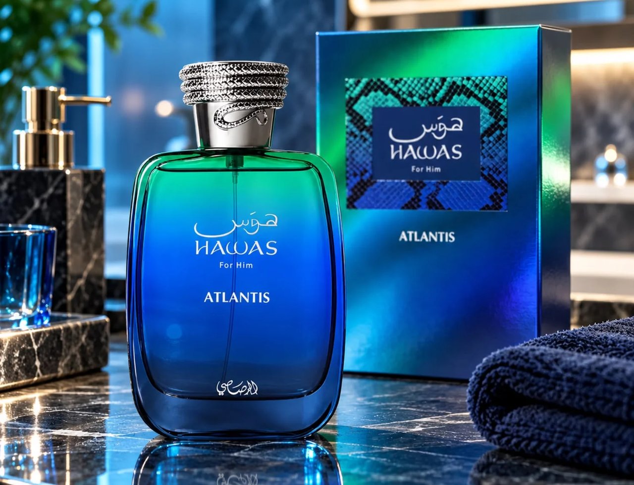 RASASI Hawas Atlantis by Rasasi 100ml EDP — Botol minyak wangi kaca biru dan hijau gradien dengan penutup perak bertekstur, diletakkan di atas meja marmar bersebelahan kotak sepadan dan tuala biru tua berlipat.