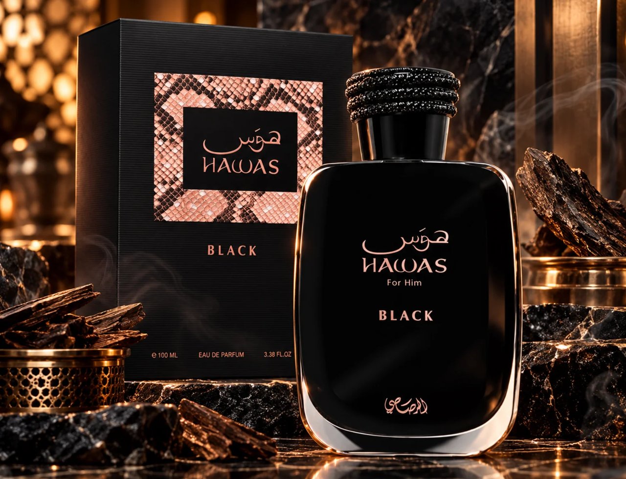 RASASI Hawas Black For Him by Rasasi 100ml EDP — Black perfume bottle and box with snake print detail, set against dark marble and wood chips.