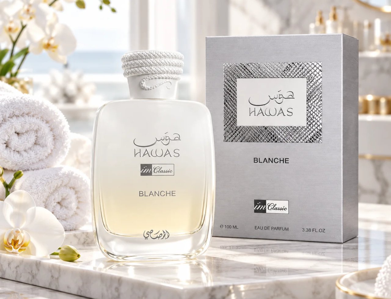 RASASI Hawas Blanche by Rasasi 100ml EDP — Botol wangian putih dan kotak perak dipamerkan di atas permukaan marmar bersama tuala putih bergulung dan orkid putih.