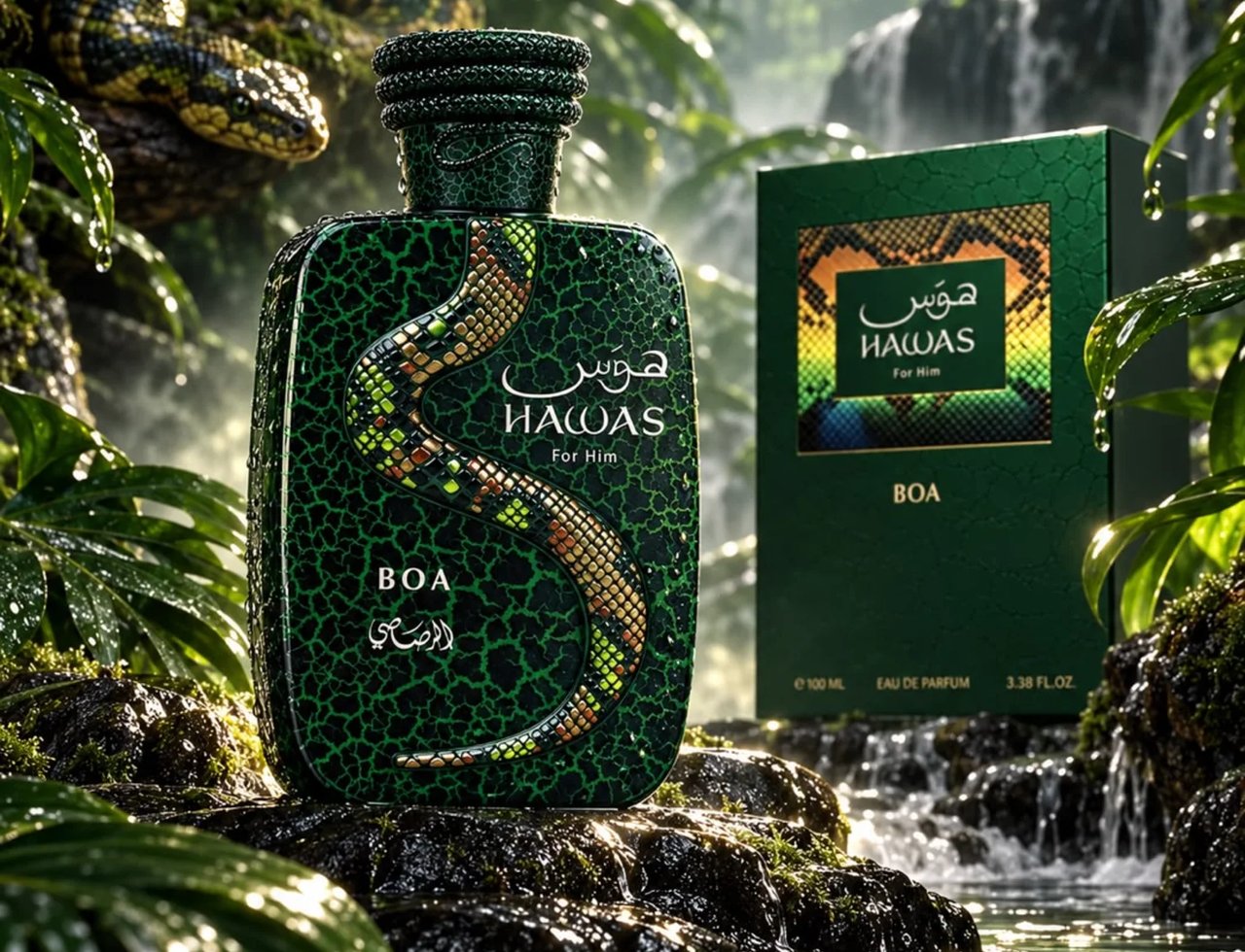 RASASI Hawas Boa by Rasasi 100ml EDP — Botol dan kotak minyak wangi corak ular hijau dalam hutan subur dengan latar belakang air terjun.