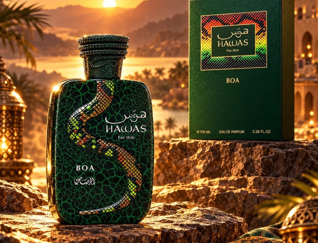 RASASI Hawas Boa by Rasasi 100ml EDP — Green snake-patterned bottle and box set against a rocky, desert landscape at sunset with ornate lanterns.