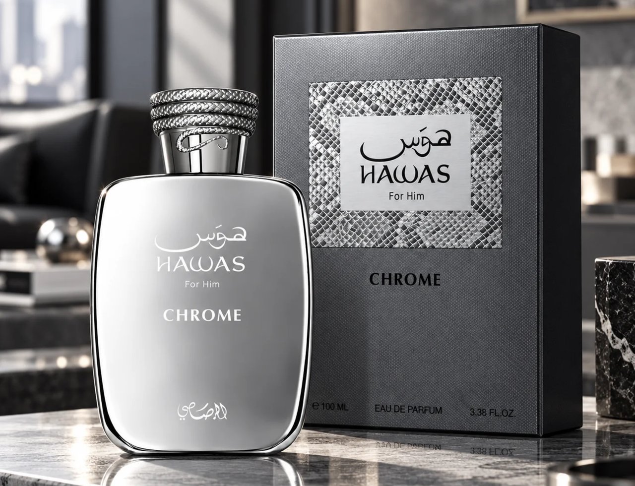RASASI Hawas Chrome For Him — Botol minyak wangi perak dan kotak kelabu bertekstur corak ular, dipamerkan di atas permukaan marmar dengan latar belakang dalaman moden.
