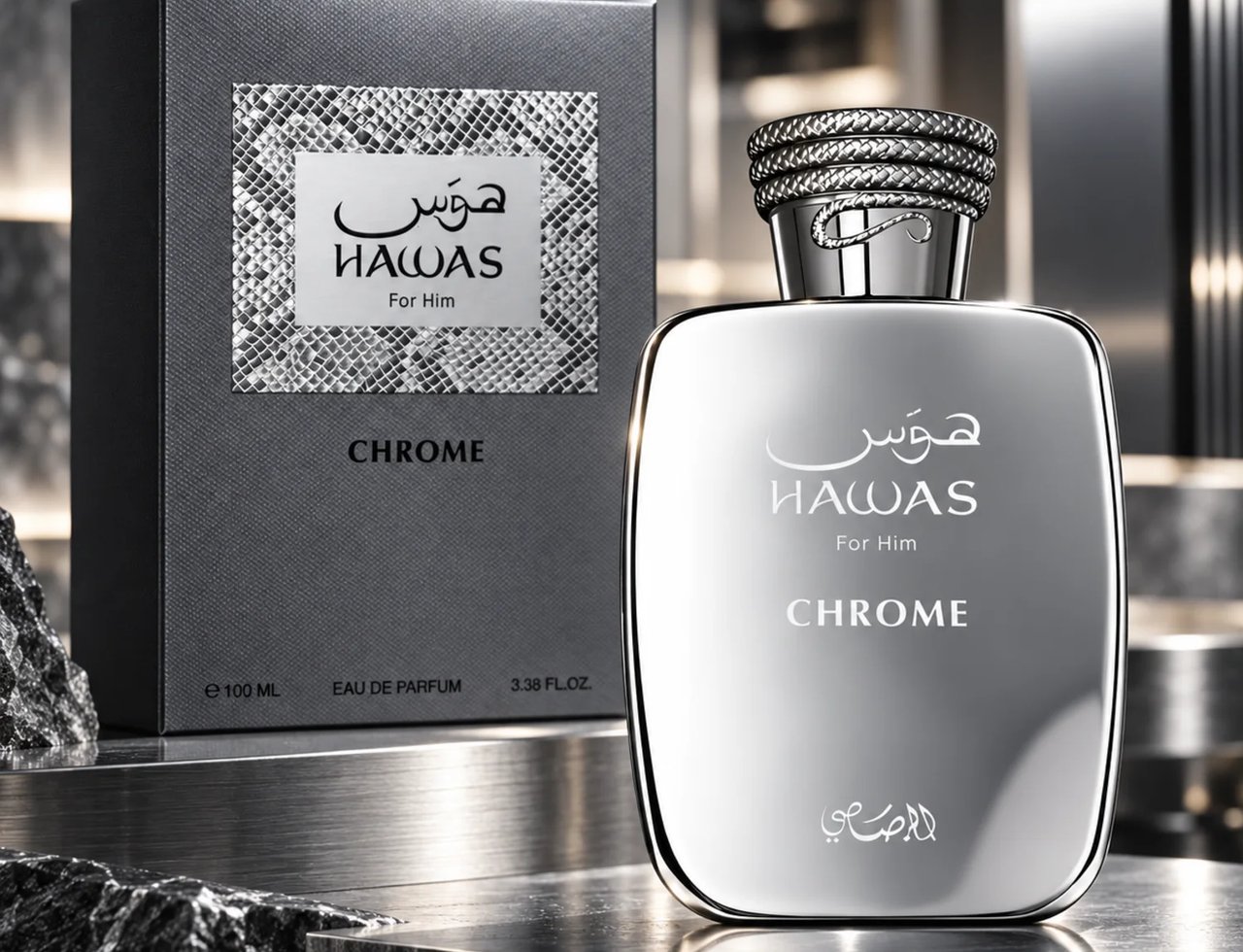 RASASI Hawas Chrome For Him by Rasasi 100ml EDP — Silver chrome perfume bottle and matching box with snake-skin texture detail, displayed on a reflective metallic surface with dark rocks.