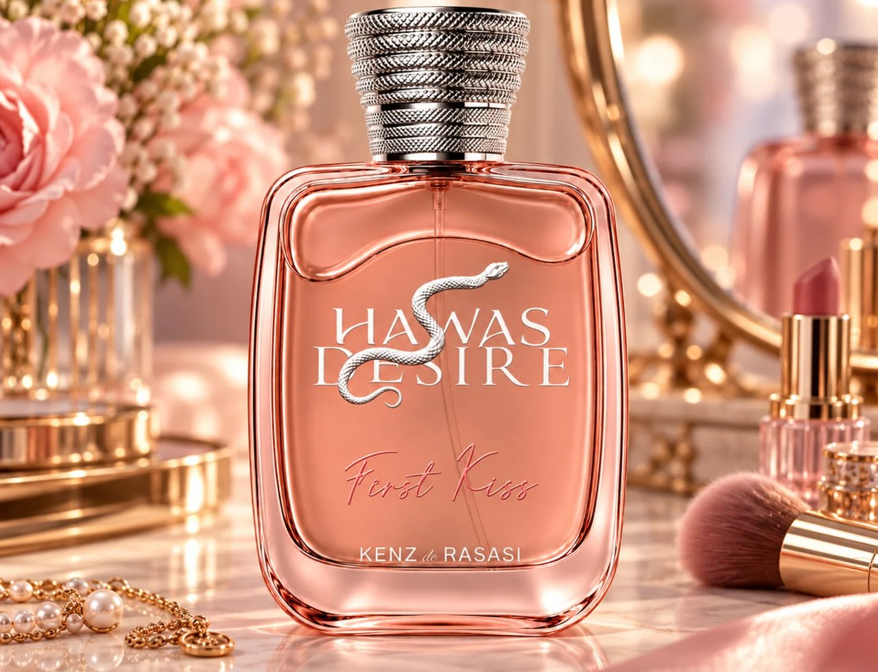 Kenz de Rasasi Hawas Desire First Kiss — Botol minyak wangi rose gold dengan lambang ular perak dan penutup bertekstur, dipamerkan bersama bunga merah jambu, mutiara, dan berus solek di atas permukaan marmar.