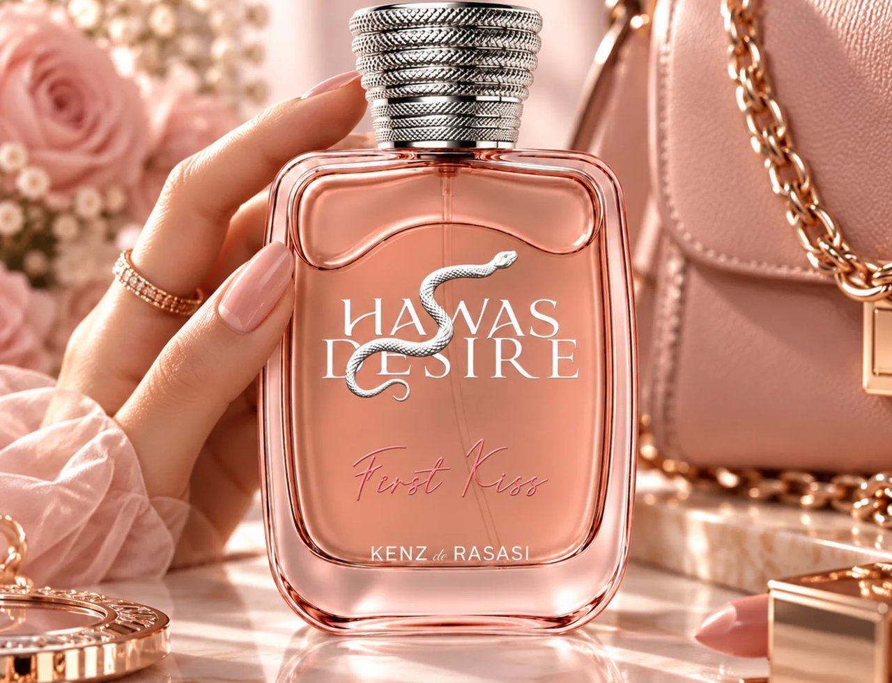 Kenz de Rasasi Hawas Desire First Kiss — A hand with rings holds a rose gold perfume bottle with a silver snake emblem and textured cap, surrounded by pink roses, a pink handbag, and jewelry.