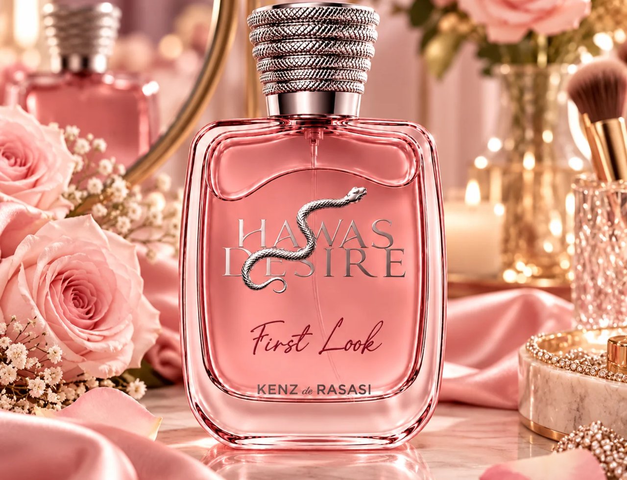 Kenz de Rasasi Hawas Desire First Look — Botol minyak wangi merah jambu dengan lambang ular perak dan penutup bertekstur, dikelilingi mawar merah jambu, fabrik sutera, dan lampu hiasan.