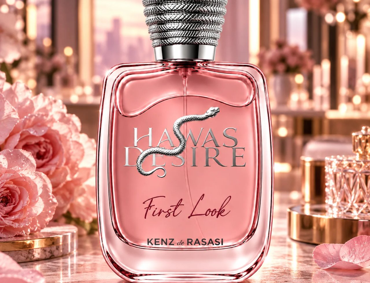 Kenz de Rasasi Hawas Desire First Look — Pink perfume bottle with a silver snake emblem and textured cap, surrounded by pink roses and petals on a marble surface.