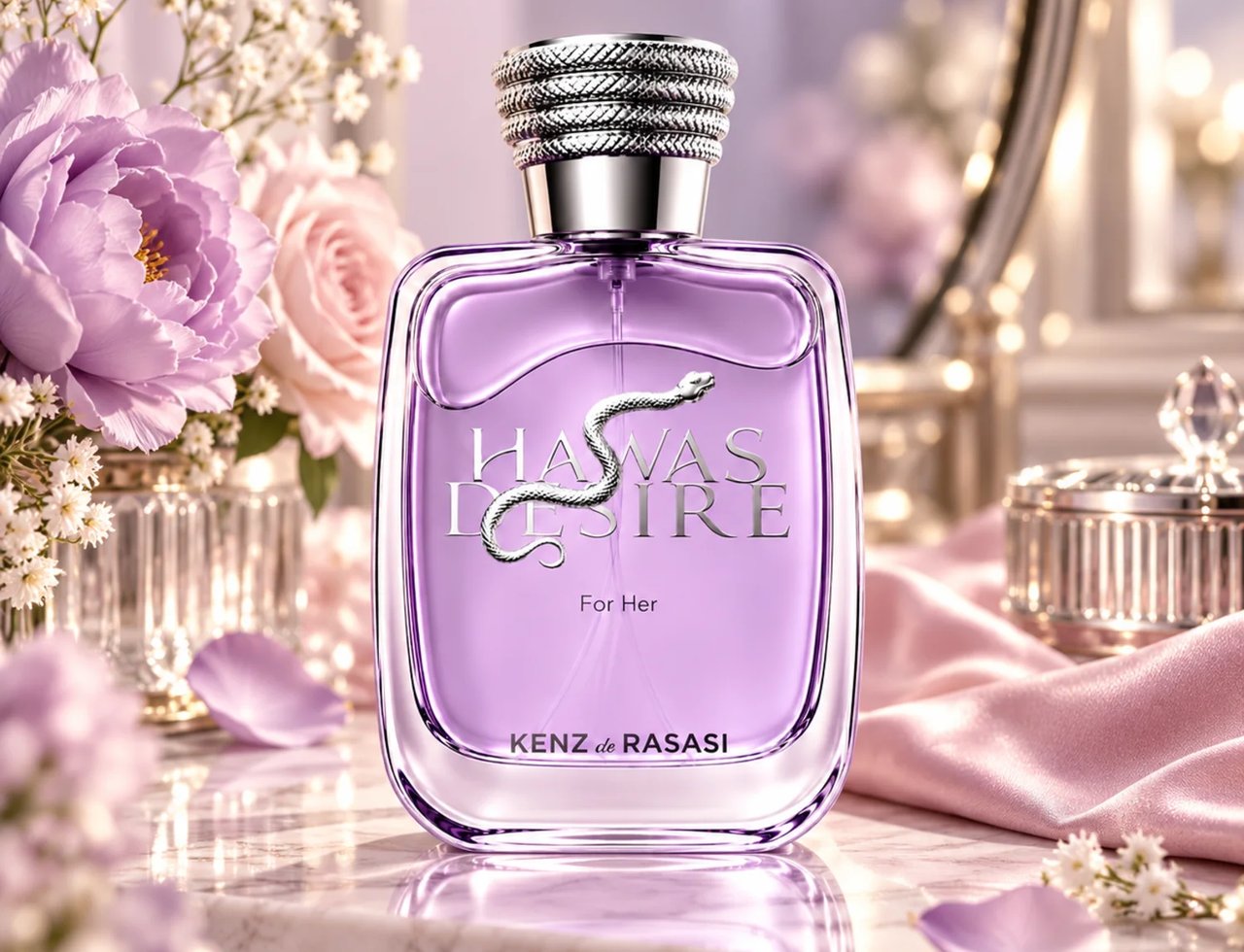 Kenz de Rasasi Hawas Desire For Her — Purple glass perfume bottle with a silver snake emblem, set against a backdrop of soft pink silk and delicate purple and white flowers.