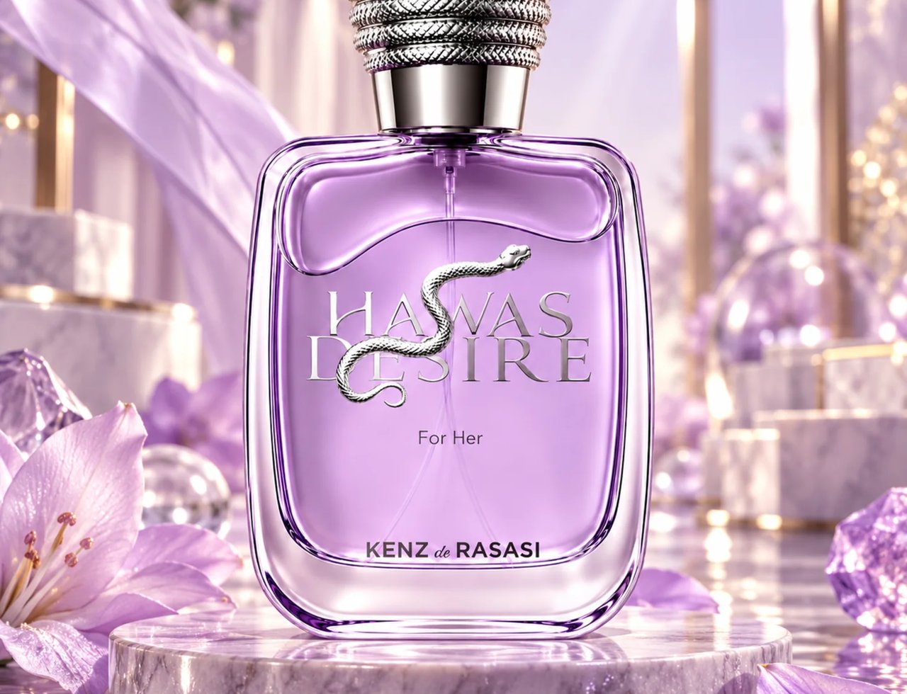 Kenz de Rasasi Hawas Desire For Her — Botol minyak wangi kaca ungu dengan rekaan ular perak di hadapan, terletak di atas alas marmar berbingkai emas, dikelilingi bunga ungu dan kristal.