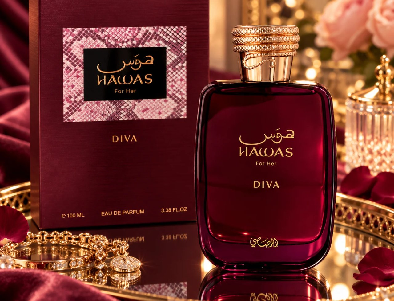 RASASI Hawas Diva by Rasasi 100ml EDP — Botol minyak wangi merah pekat bertudung emas bertekstur, bersama kotak merah marun sepadan bermotif kulit ular, di atas dulang cermin bersama gelang emas dan kelopak mawar.