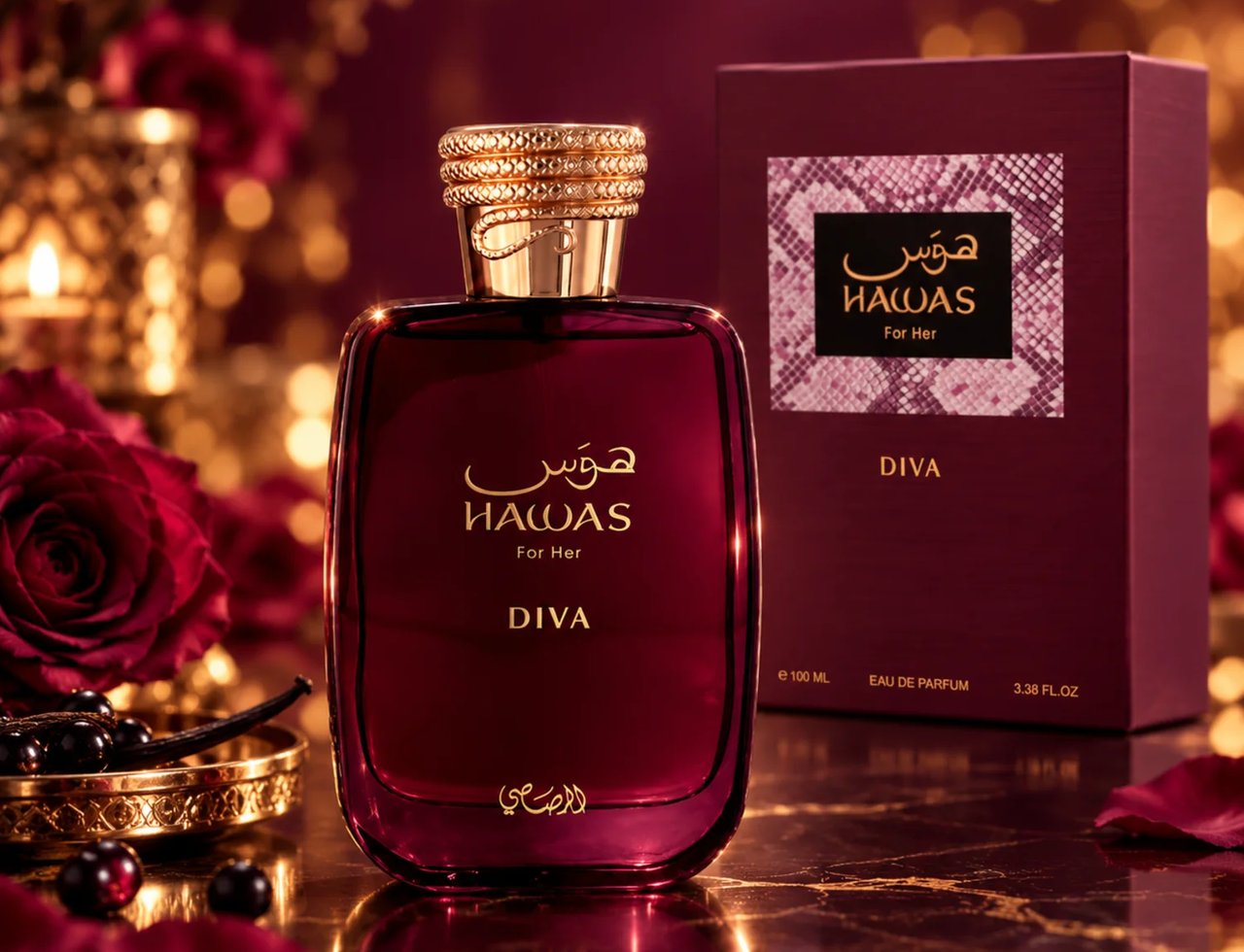 RASASI Hawas Diva by Rasasi 100ml EDP — Luxurious dark red perfume bottle with gold cap, presented with its matching box and surrounded by red roses and bokeh lights.