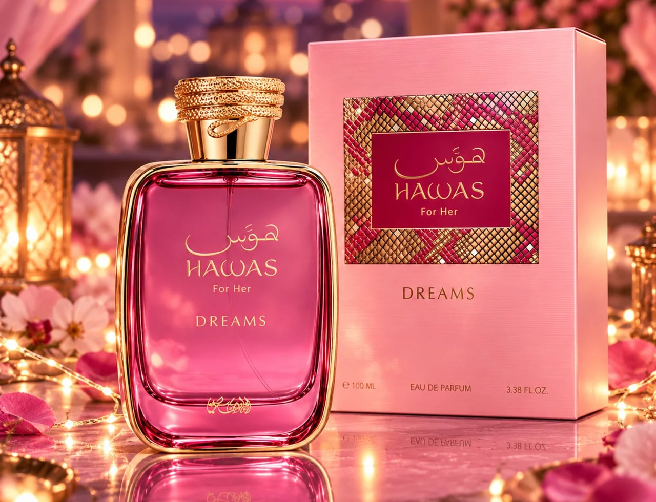 RASASI Hawas Dreams by Rasasi 100ml EDP — Botol minyak wangi kaca merah jambu dengan penutup emas, bersebelahan kotak merah jambunya, berlatar belakang bokeh romantis dengan lampu pari-pari dan kelopak mawar.