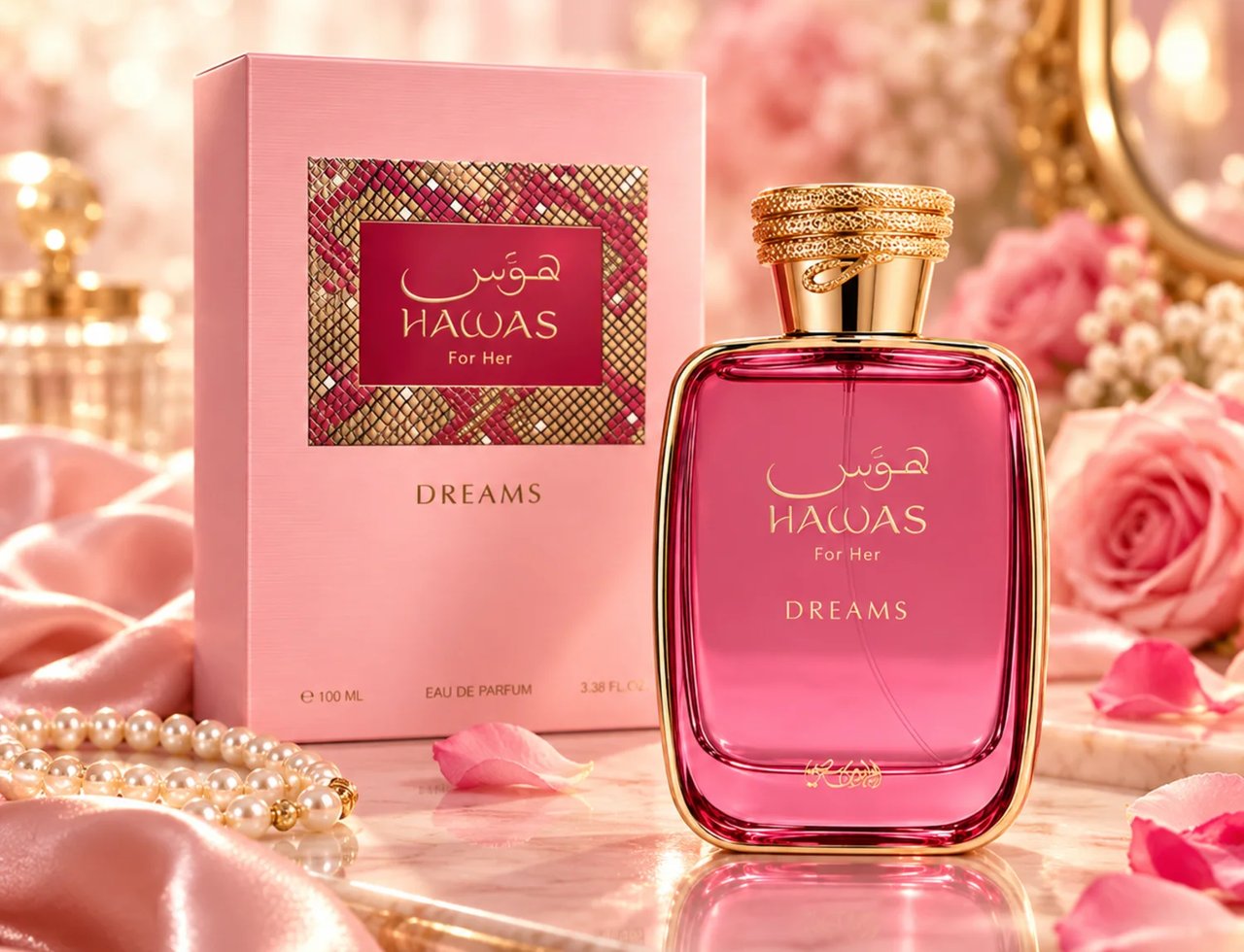 RASASI Hawas Dreams by Rasasi 100ml EDP — Pink perfume bottle and box with gold accents, surrounded by pink roses and silk fabric on a marble surface.