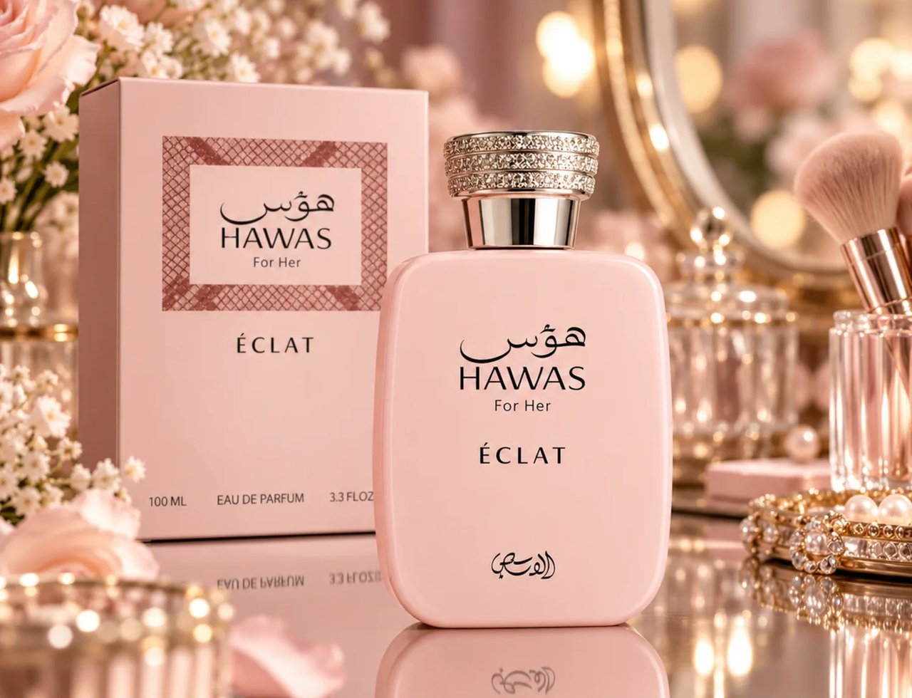 RASASI Hawas Eclat by Rasasi 100ml EDP — Botol dan kotak minyak wangi merah jambu dengan perincian bunga, penutup bertatah kristal, dan berus solek di latar belakang.