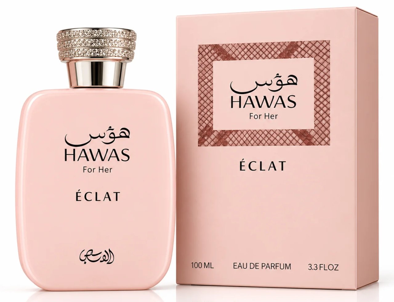 RASASI Hawas Eclat by Rasasi 100ml EDP — Pink perfume bottle with a diamond-like cap next to its matching pink box, both featuring gold Arabic script and text.