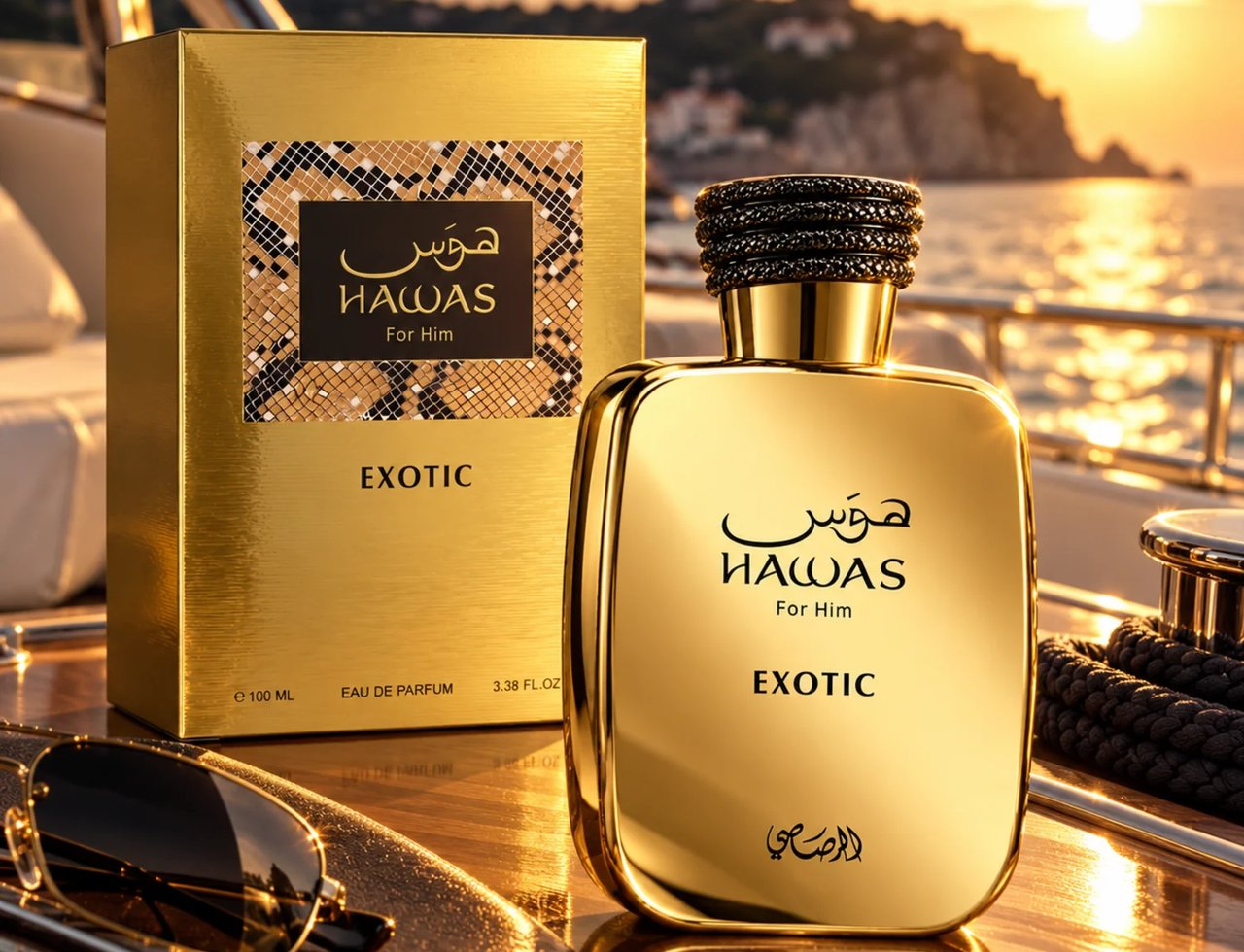 RASASI Hawas Exotic by Rasasi 100ml EDP — Botol dan kotak emas di atas dek kapal layar waktu matahari terbenam, dengan cermin mata hitam di latar depan.