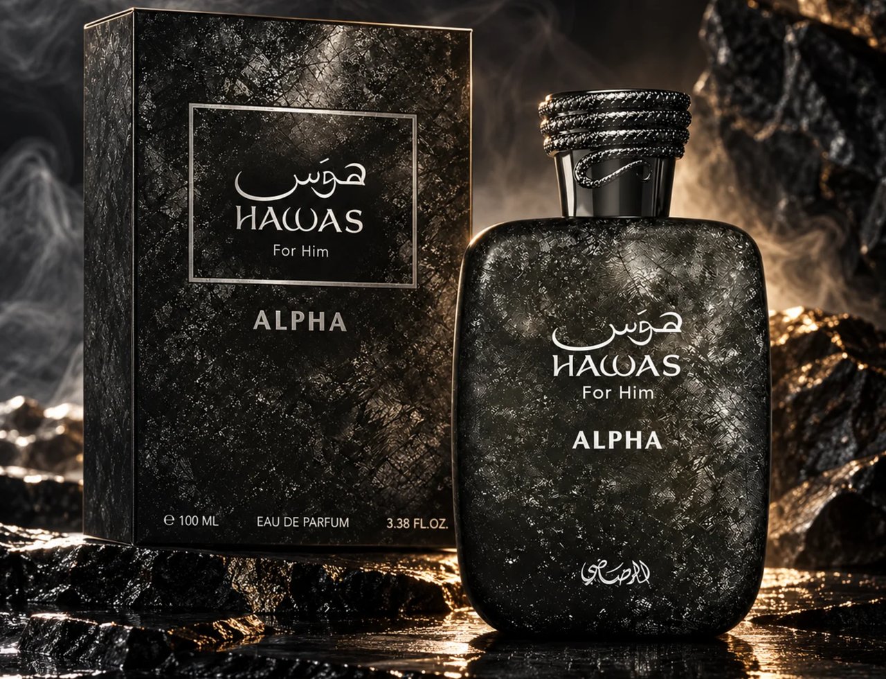 RASASI Hawas For Him Alpha by Rasasi 100ml EDP — Black textured perfume bottle and box set against dark, rocky background with smoke effects.