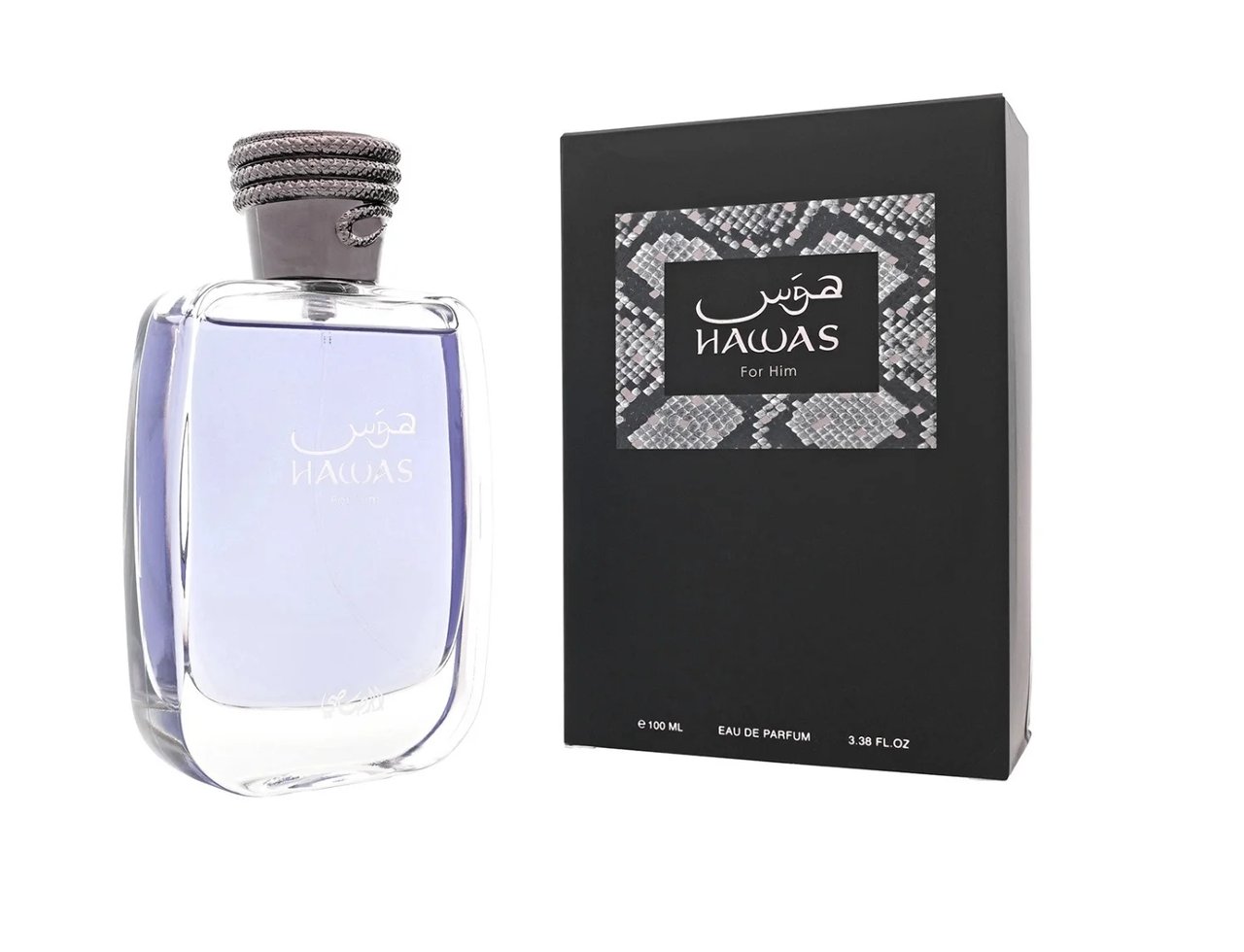 Rasasi Hawas For Him Eau De Parfum 100ml — Botol kaca jernih berisi cecair ungu muda, dengan penutup bertekstur kelabu gelap. Kotak hitam berserta corak kulit ular dan logo.