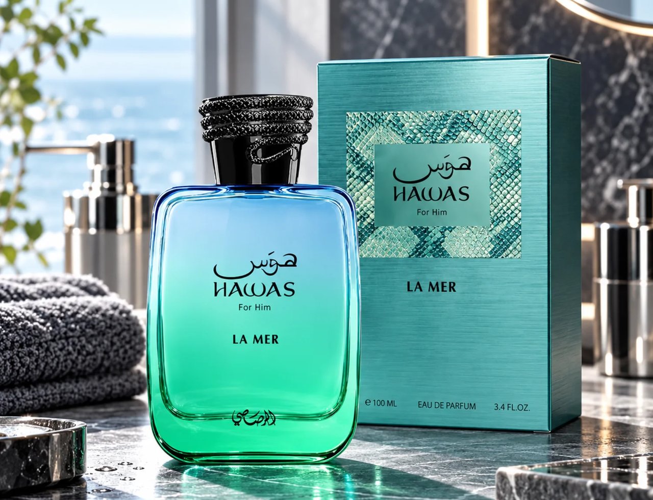 RASASI Hawas For Him La Mer oleh Rasasi 100ml EDP — Botol kaca gradien biru-ke-hijau dengan penutup hitam bertekstur, diletakkan di atas permukaan marmar bersebelahan kotak teal bermotif kulit ular. Tuala kelabu berlipat di sebelah kiri.