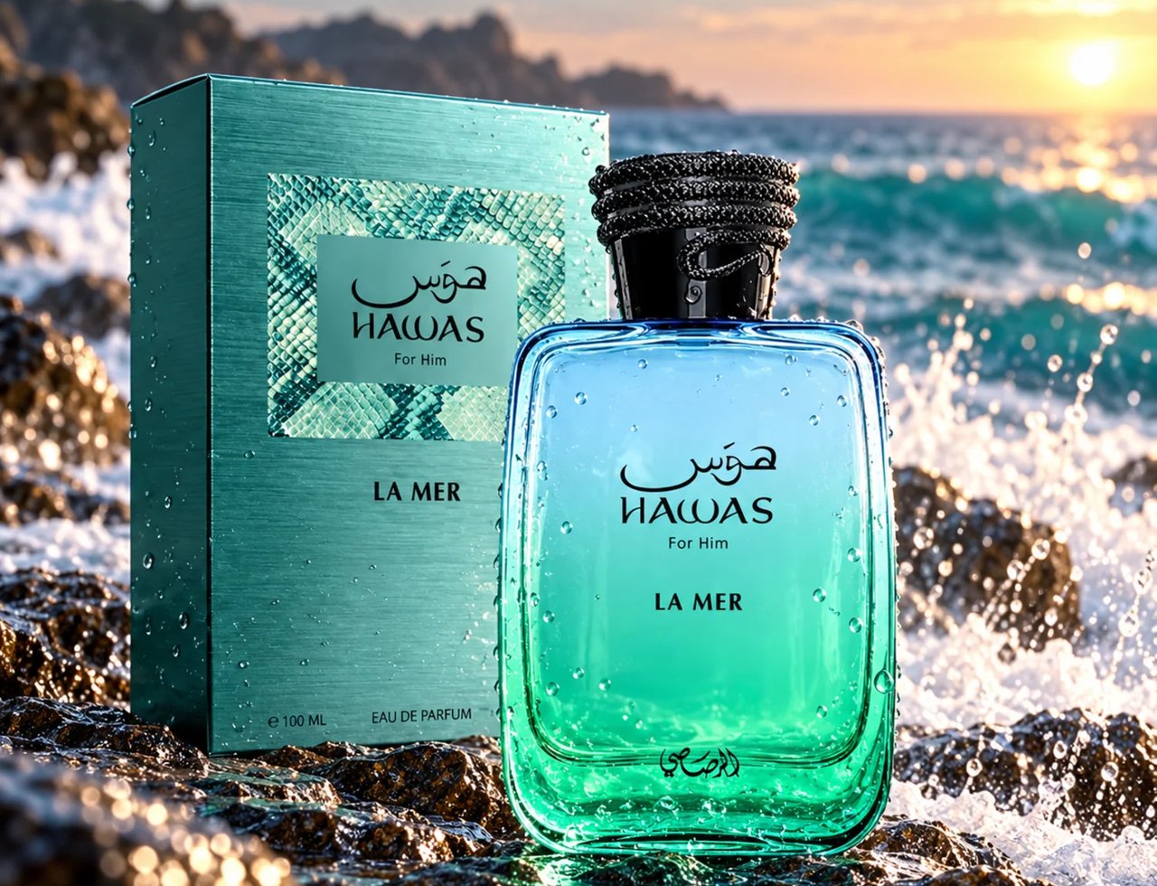 RASASI Hawas For Him La Mer — Teal gift box and gradient blue-green glass bottle with water droplets, placed on wet rocks by the sea at sunset.