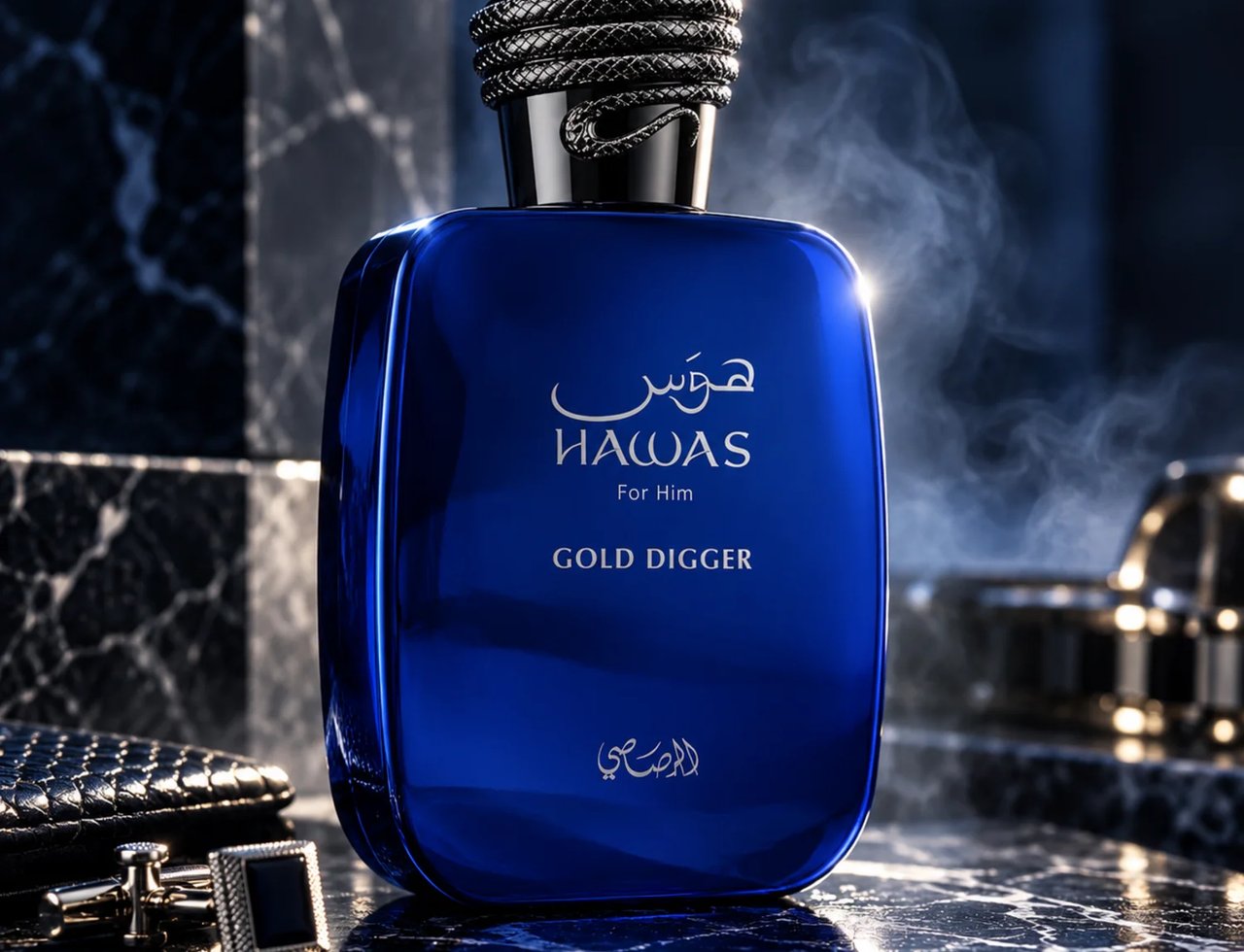 RASASI Hawas Gold Digger by Rasasi 100ml EDP — Botol minyak wangi kaca biru bertutup ular, atas permukaan marmar bersama cufflink dan dompet.